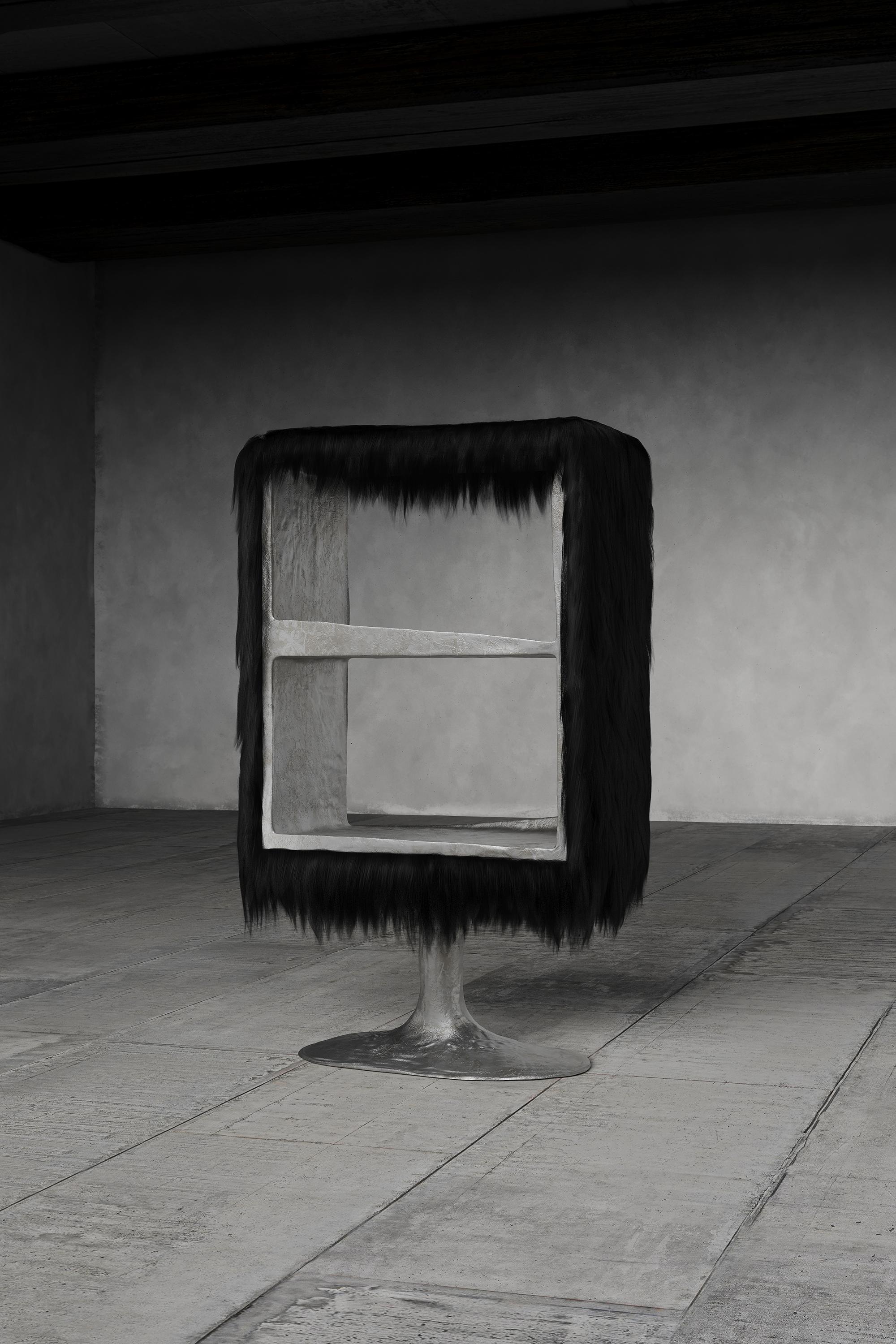 Contemporary Black Chaos Cabinet with Furry Goatskin offcuts & Cast Aluminium by Atelier V&F For Sale