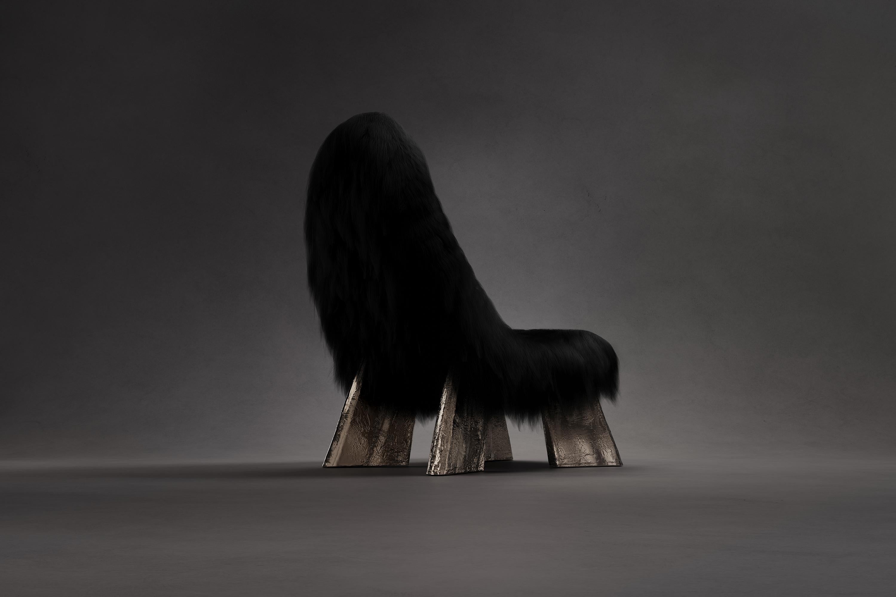 European Black Chaos Lounge Chair Furry Goatskin offcuts & Cast brass by Atelier V&F For Sale