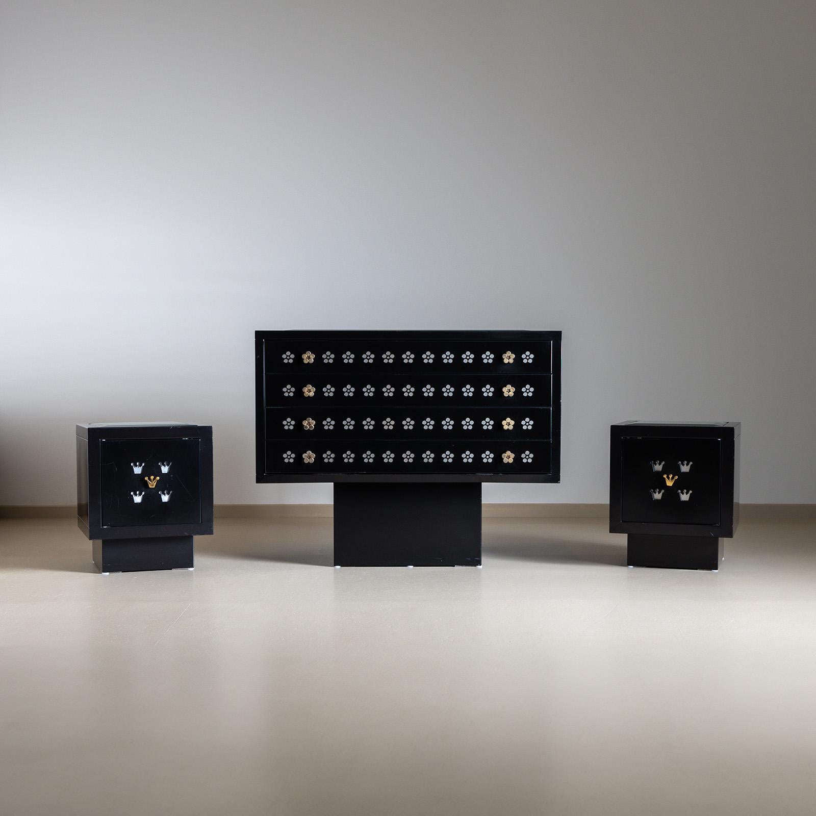 Post-Modern Black Chest of Drawers and Night Stands by Matteo Thun, Italy 1980s For Sale