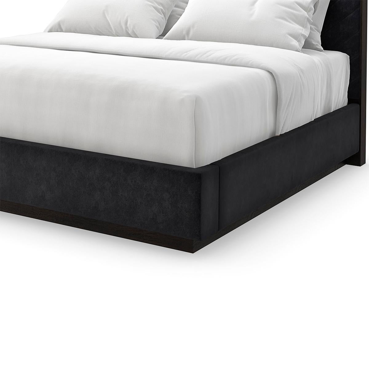 Asian Black Chevron Tufted Upholstered King Bed For Sale
