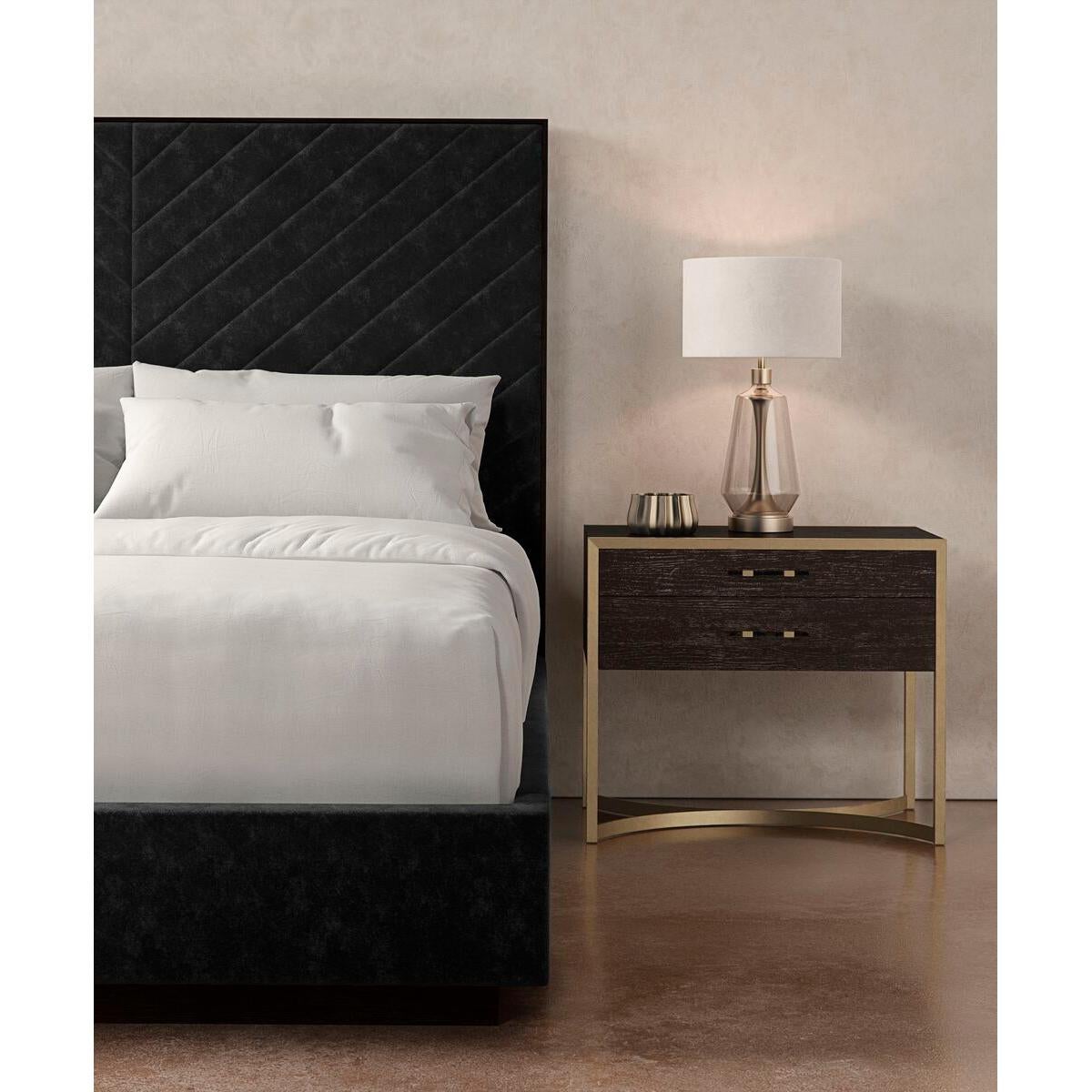 Modern Black Chevron Tufted Upholstered Queen Bed For Sale