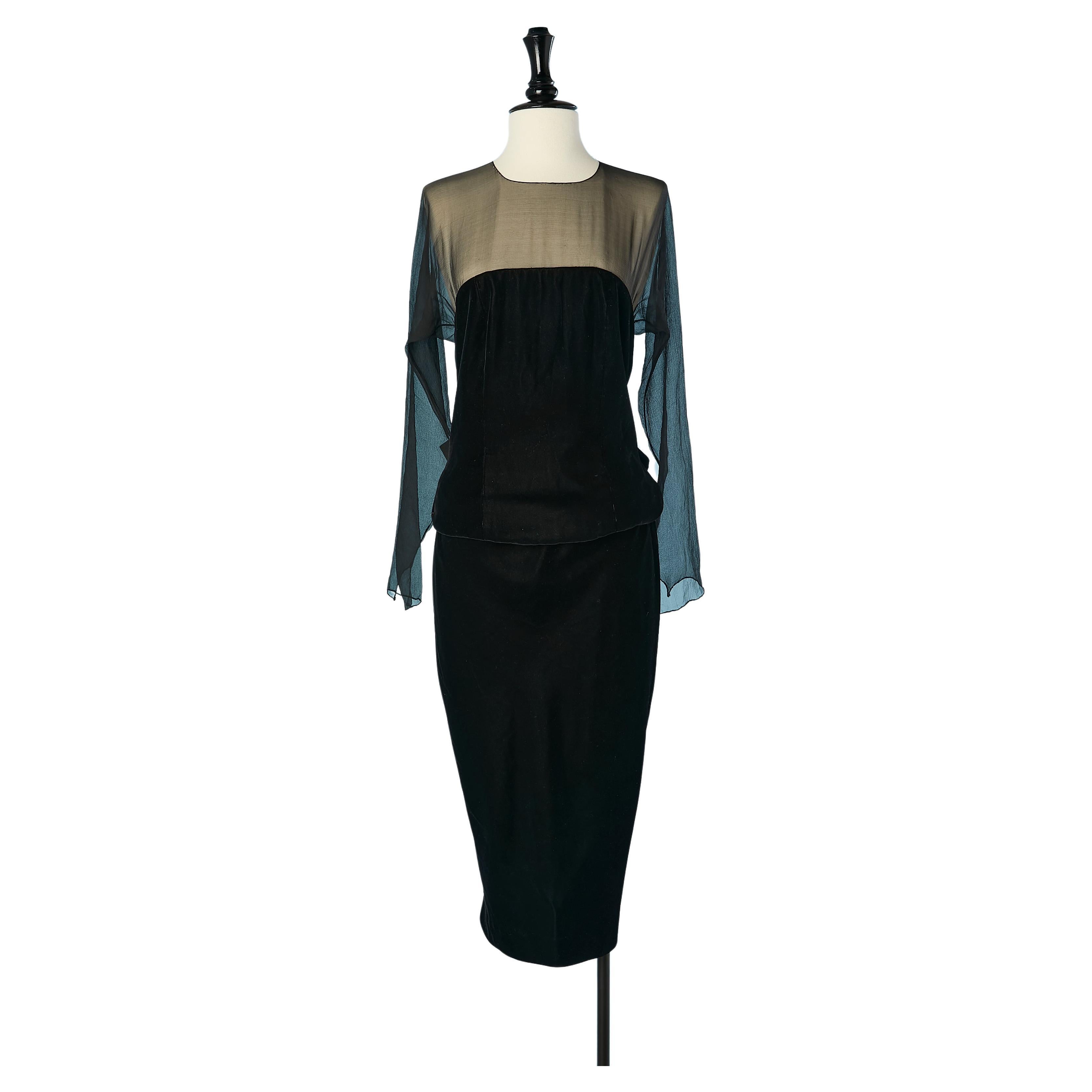 Black chiffon and velvet cocktail dress with bow  Oscar de la Renta  For Sale