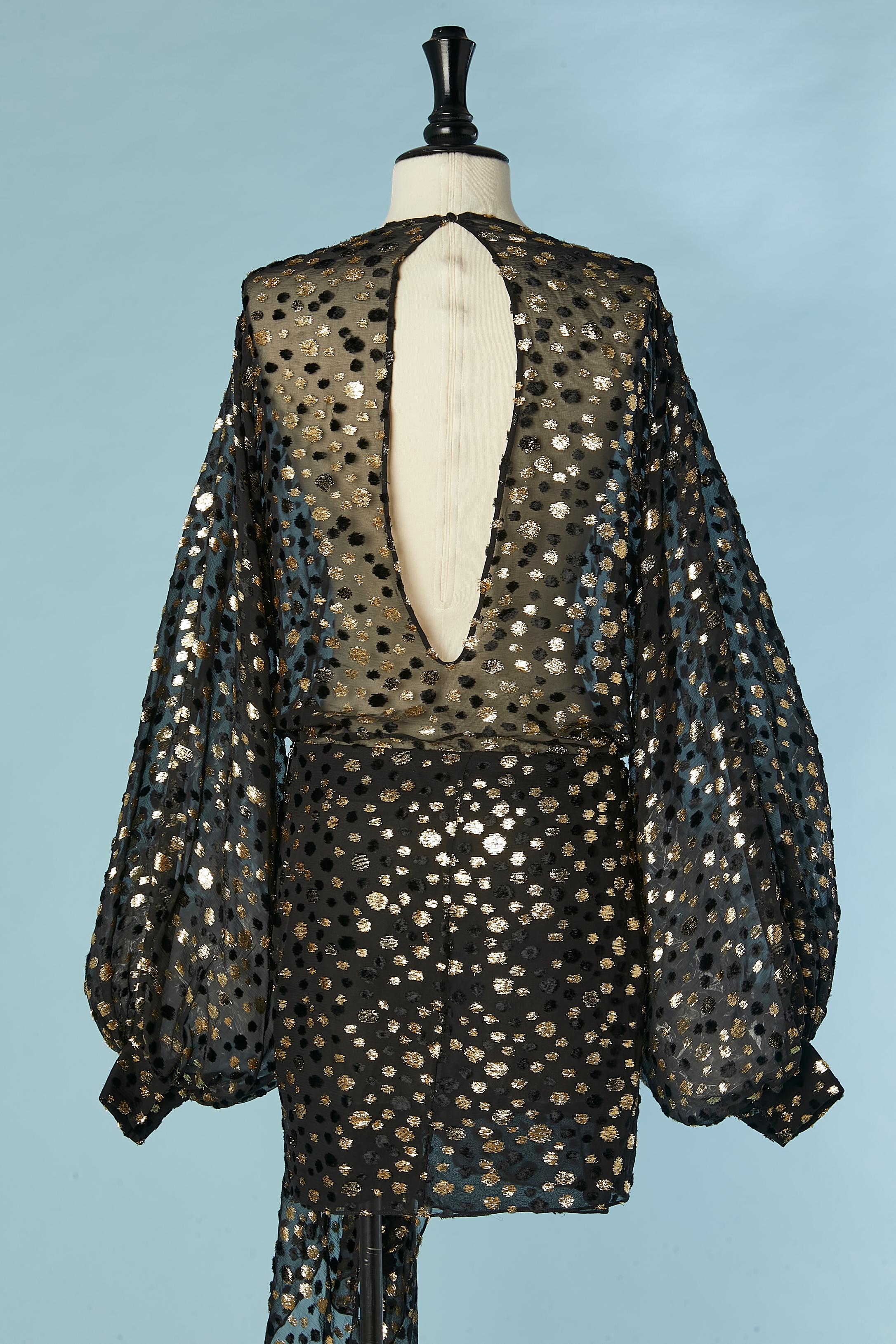 Vestido de cóctel de gasa negra con lunares de lúrex negros y dorados Saint Laurent Paris en venta 2