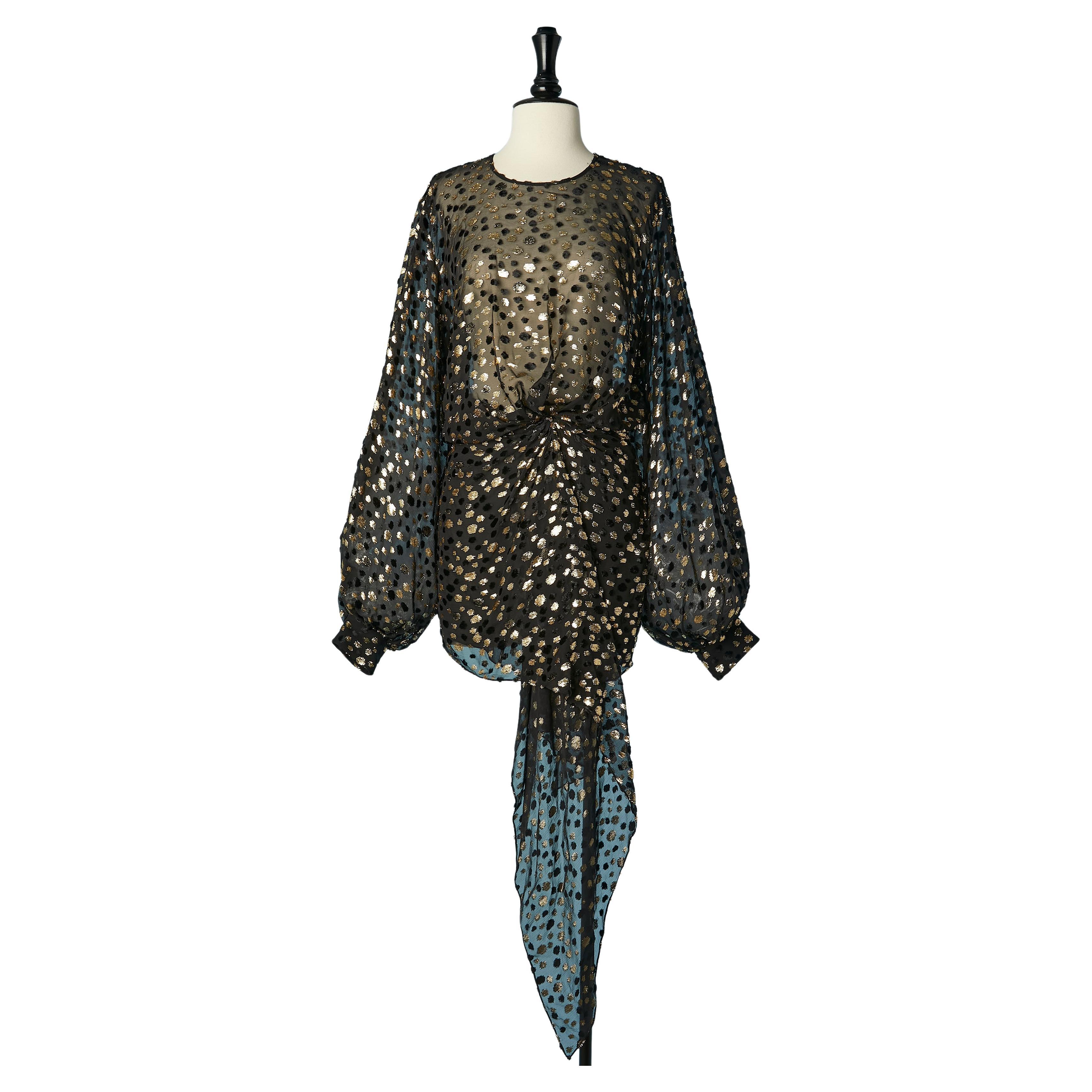 Vestido de cóctel de gasa negra con lunares de lúrex negros y dorados Saint Laurent Paris en venta
