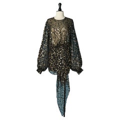 Schwarzes Chiffon-Cocktailkleid mit schwarzen und goldenen Lurex-Doten Saint Laurent Paris