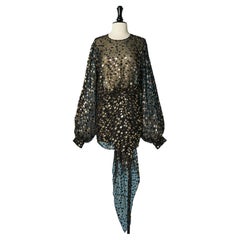 Black chiffon cocktail dress with black and gold lurex dots Saint Laurent Paris 