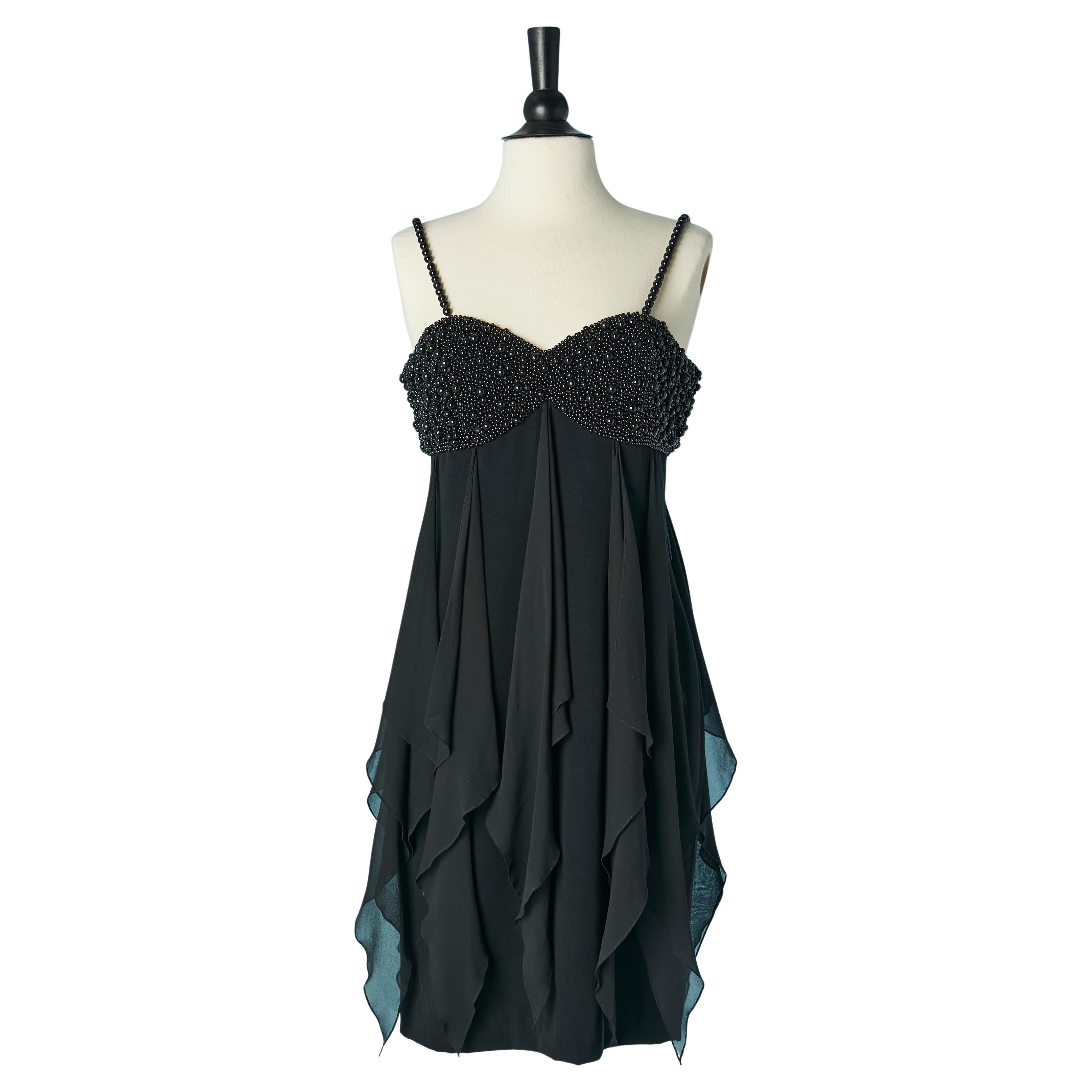 Vestido de cóctel de gasa negra con corpiño de cuentas negras BILL BLASS EVENING en venta