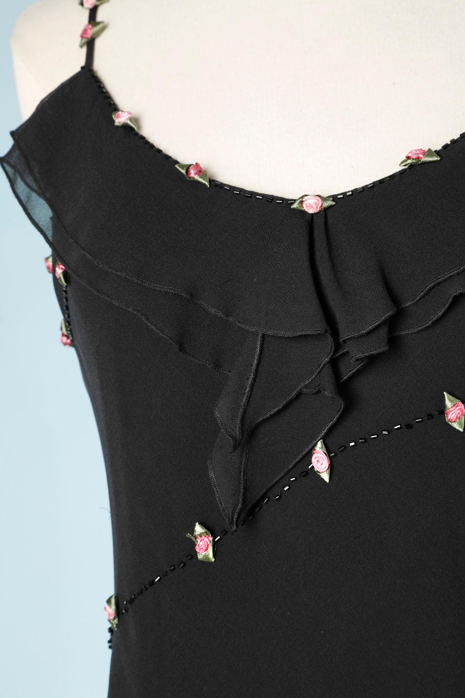 Black chiffon silk dress with beads and rococco flowers, cut in biais, with polyester jersey lining 