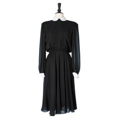 Black chiffon dress with white collar and cuff Pierre Cardin 