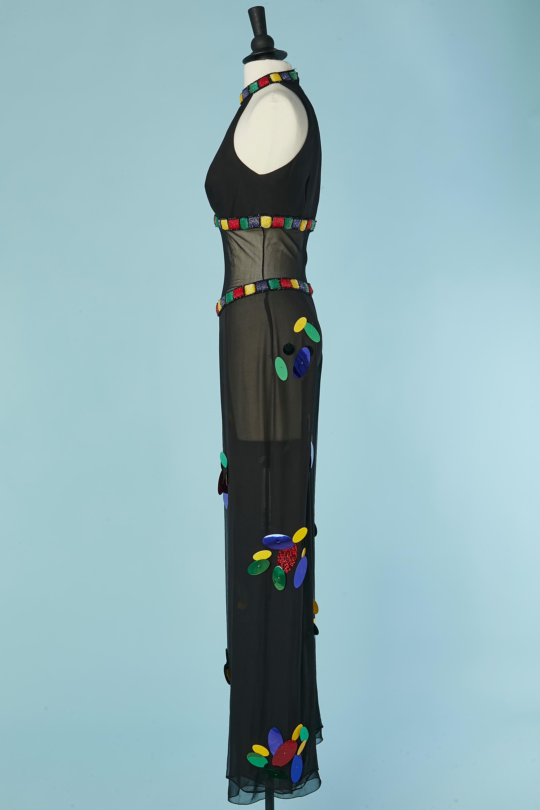 Black chiffon evening jumpsuit with embroideries and beadwork. For Sale 3