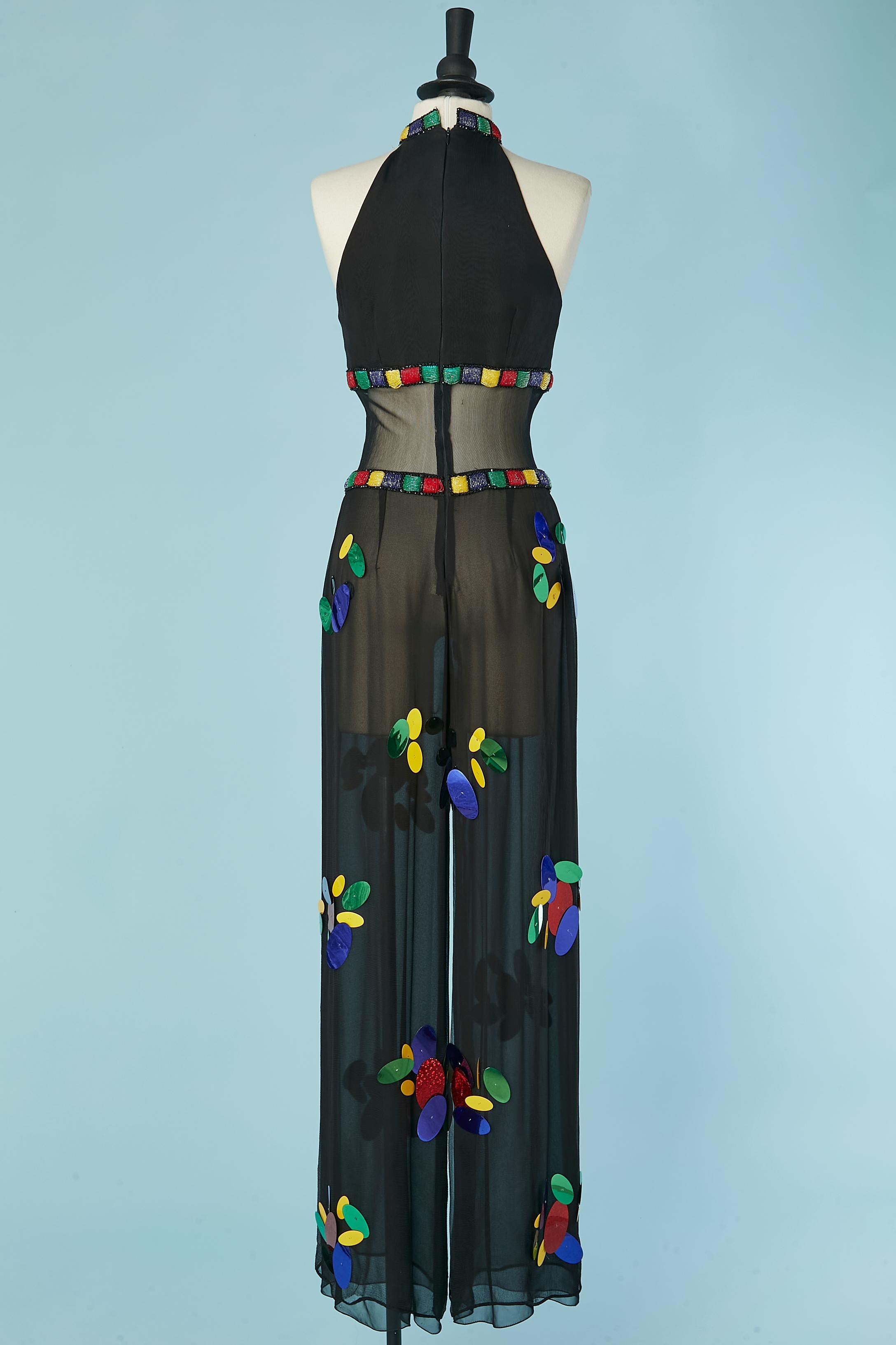 Black chiffon evening jumpsuit with embroideries and beadwork. For Sale 4