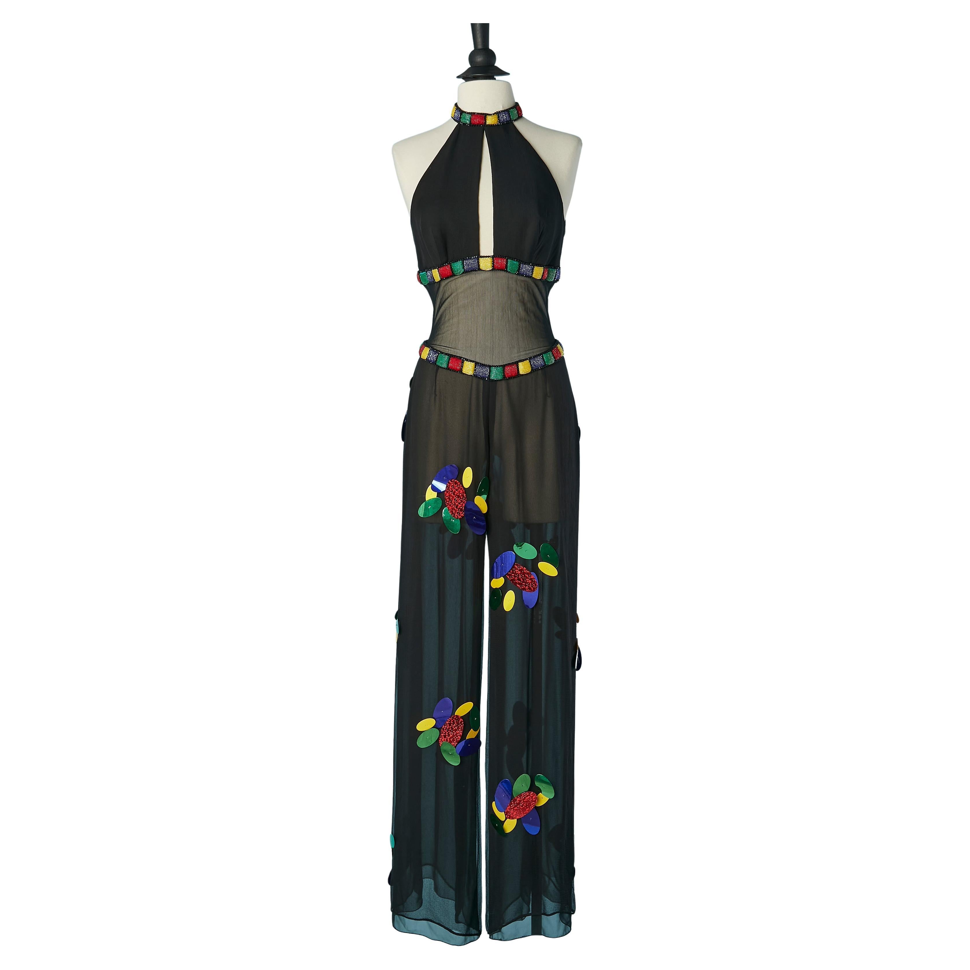 Black chiffon evening jumpsuit with embroideries and beadwork. For Sale