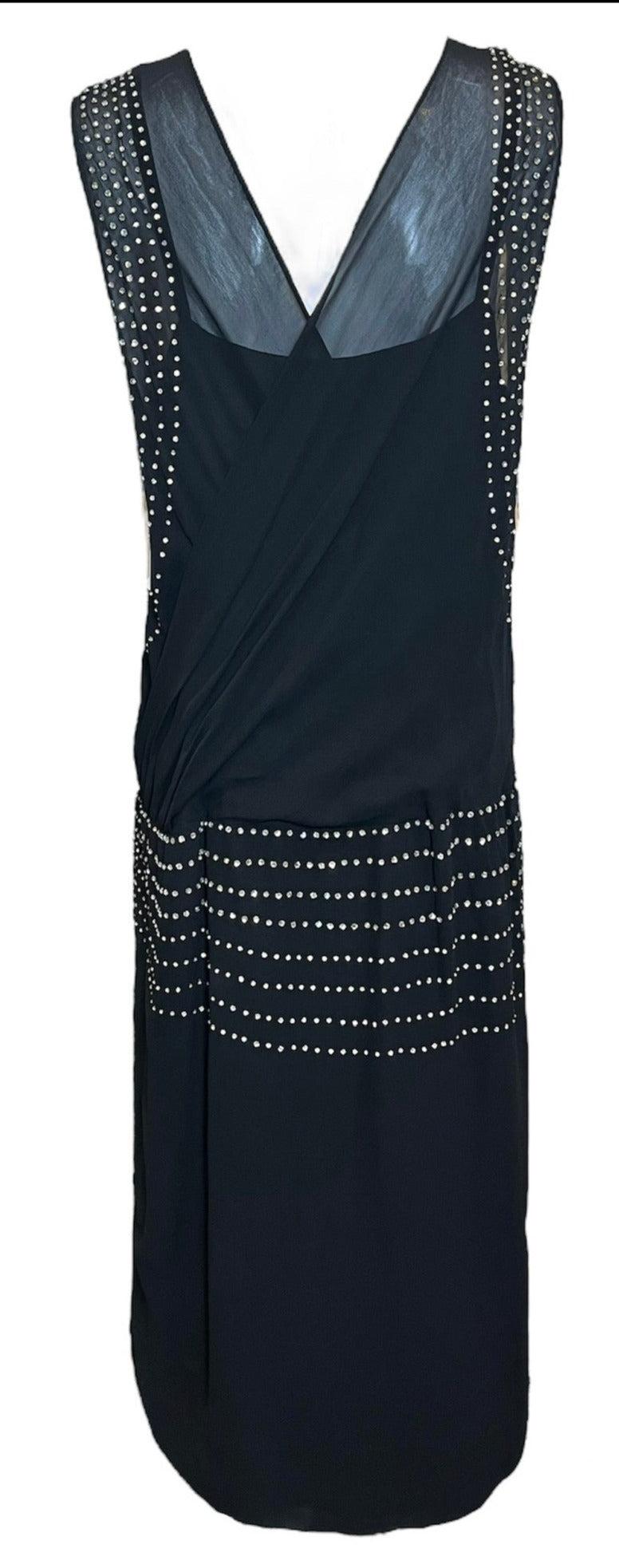 Black Chiffon Flapper Dress Studded with Rhinestones, 1920s In Excellent Condition For Sale In Los Angeles, CA