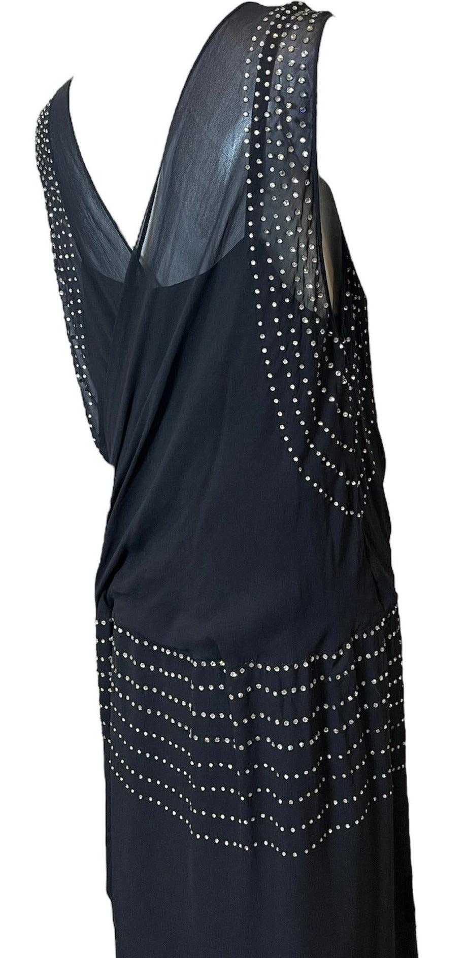 Women's Black Chiffon Flapper Dress Studded with Rhinestones, 1920s For Sale