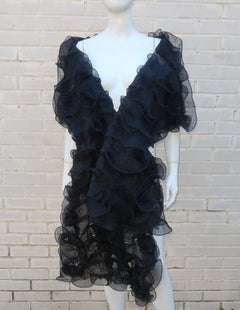 Black Chiffon Ruffle Shawl Wrap, 1980's
