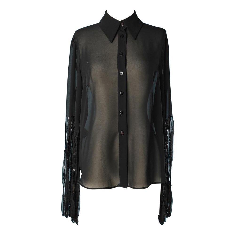 Gai Mattiolo Couture - Chemise en mousseline noire avec franges sur les manches et paillettes en vente