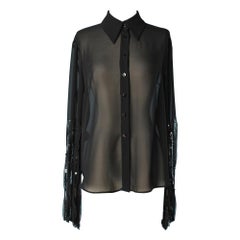 Schwarzes Chiffonhemd mit Fransen an den Ärmeln und Pailletten Gai Mattiolo Couture