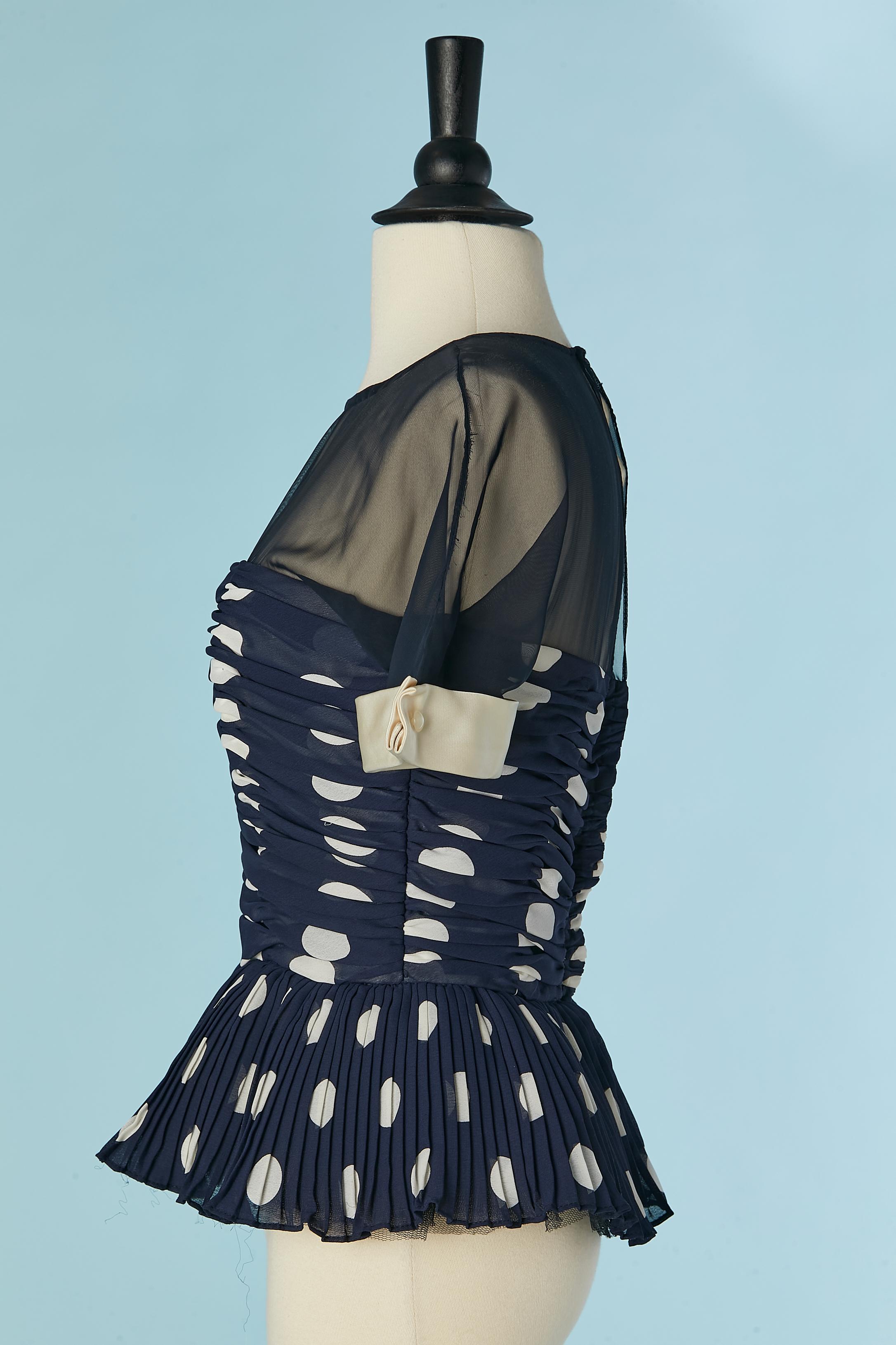 Black chiffon top with draped and pleated bustier Polka-dots Victor Costa For Sale 1