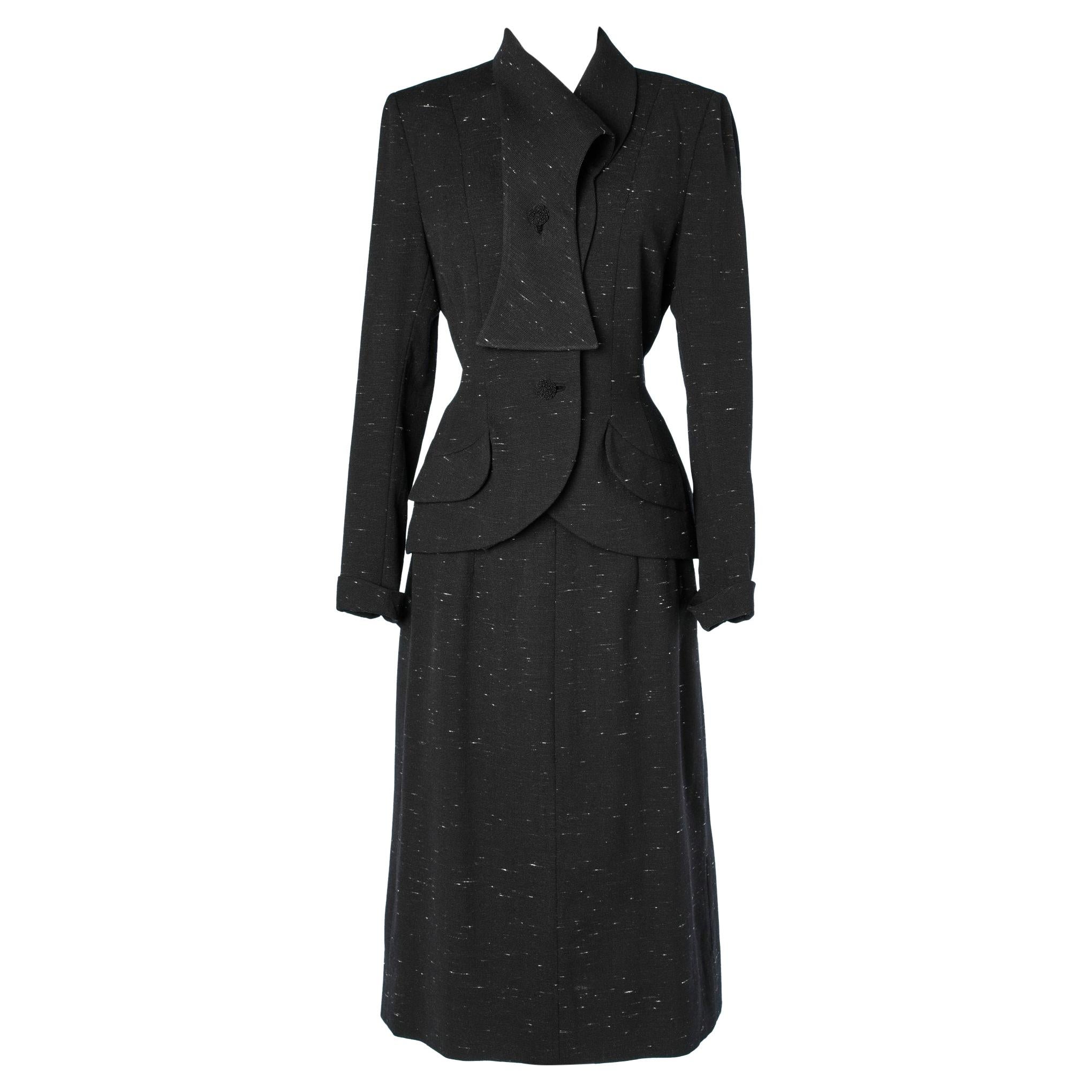 Black chiné Elsa Schiaparelli 1940's skirt -suit  For Sale