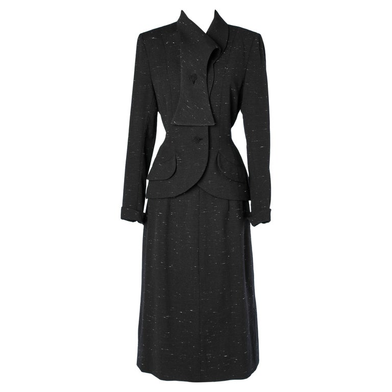 Black chiné Elsa Schiaparelli 1940's skirt -suit For Sale at 1stDibs
