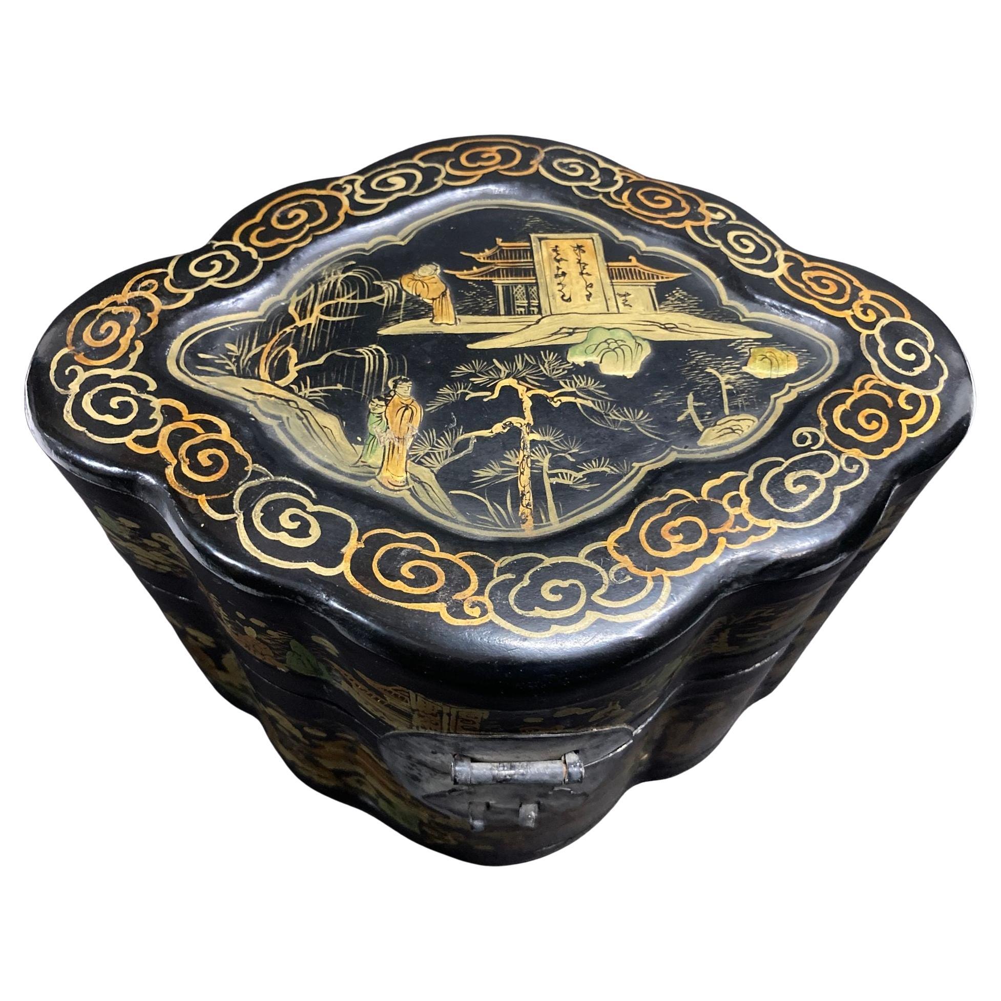 Black Chinese Box Black Lacquered Gilt Painted 1940s For Sale