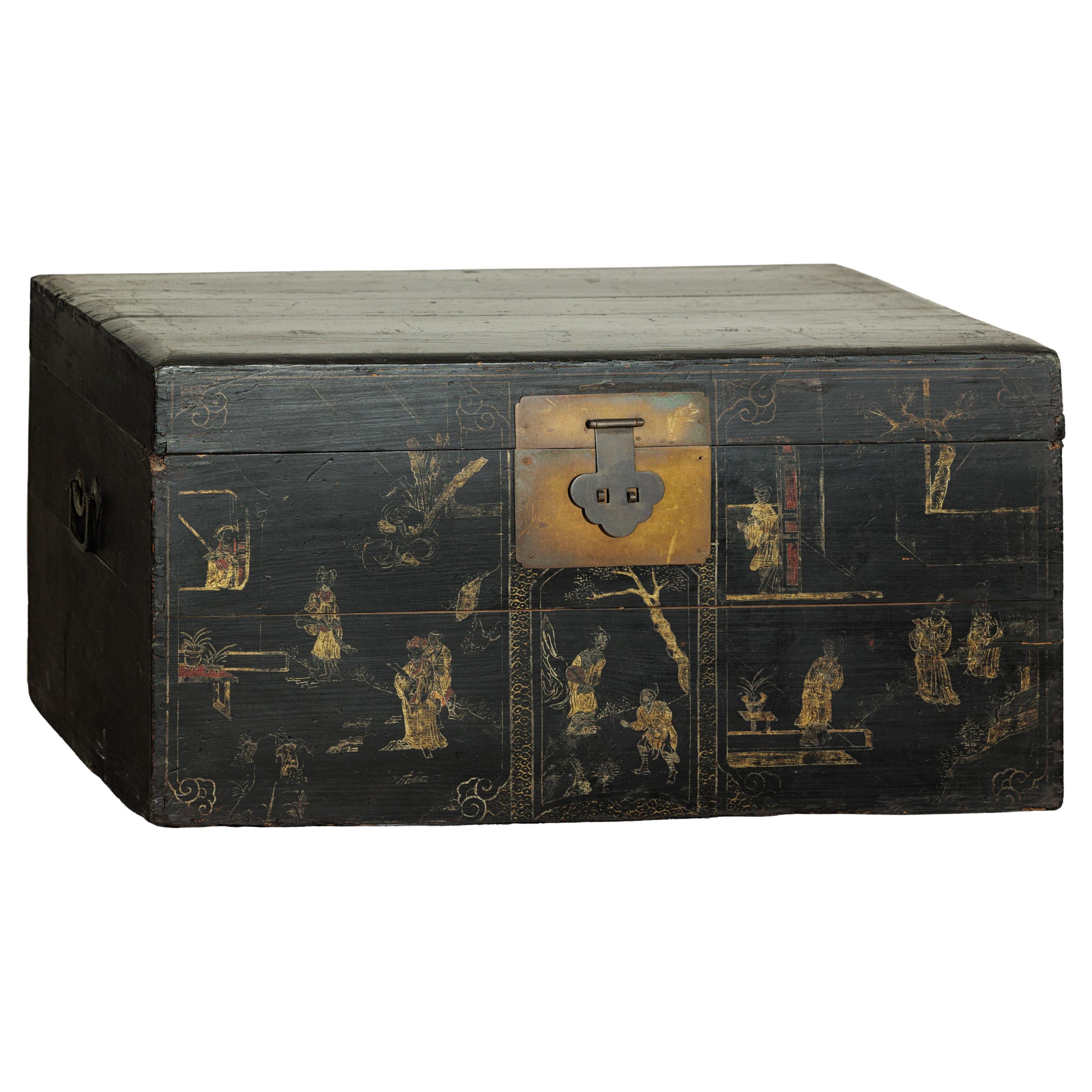 Cassapanca cinese laccata nera con scene figurative dipinte a mano
