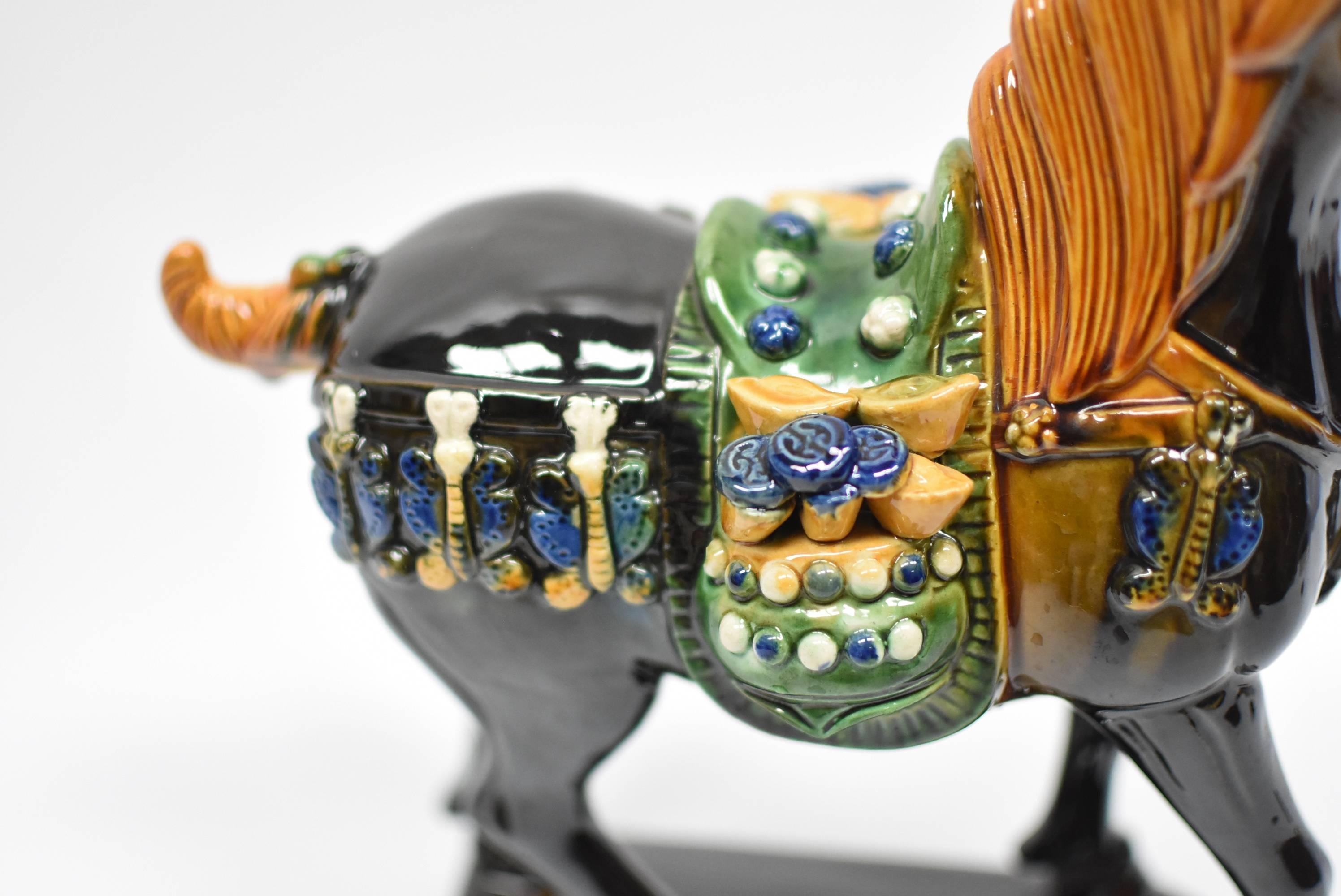 Tang Black Chinese Pottery Horse, with Money Bag