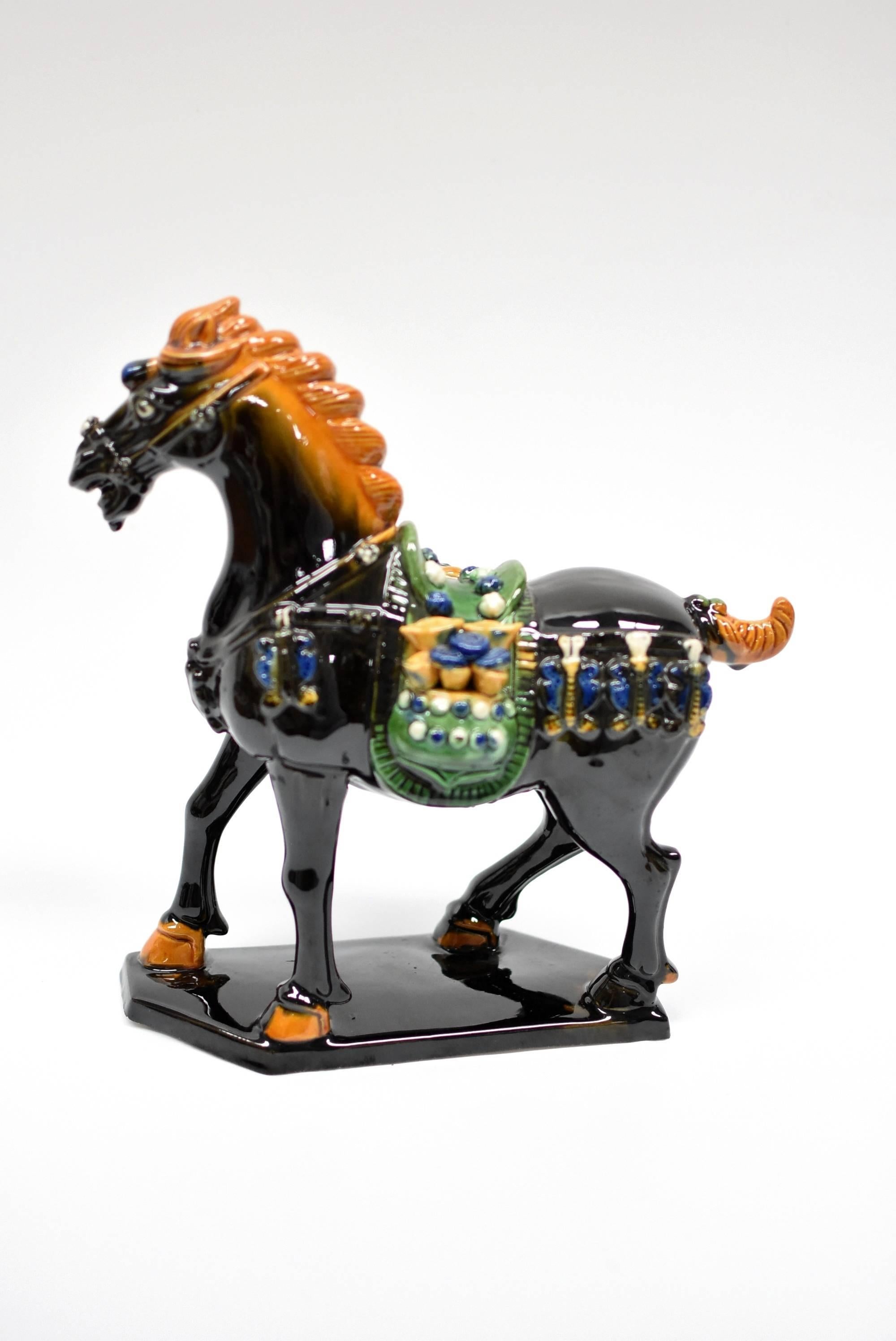 Black Chinese Pottery Horse, with Money Bag In Excellent Condition In Somis, CA