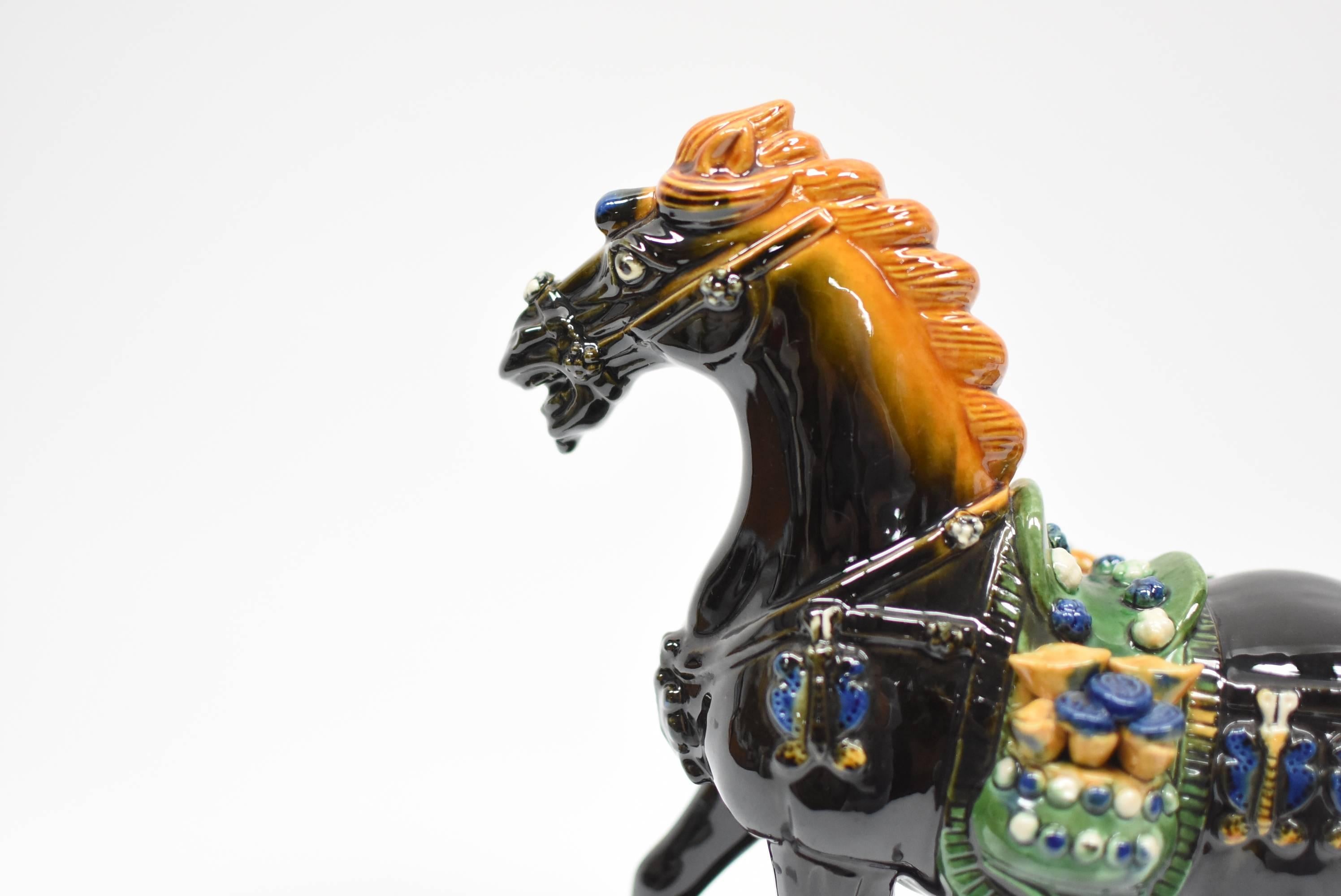 Contemporary Black Chinese Pottery Horse, with Money Bag