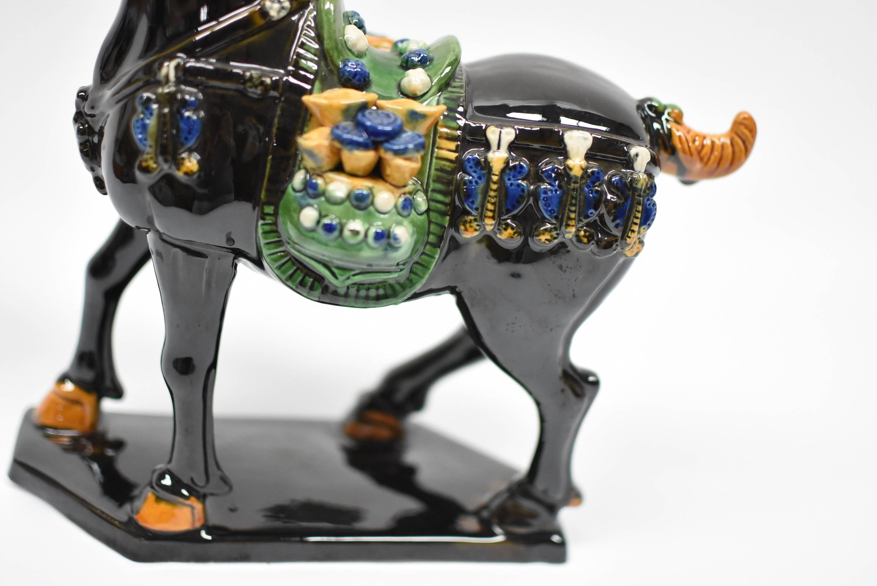 Terracotta Black Chinese Pottery Horse, with Money Bag