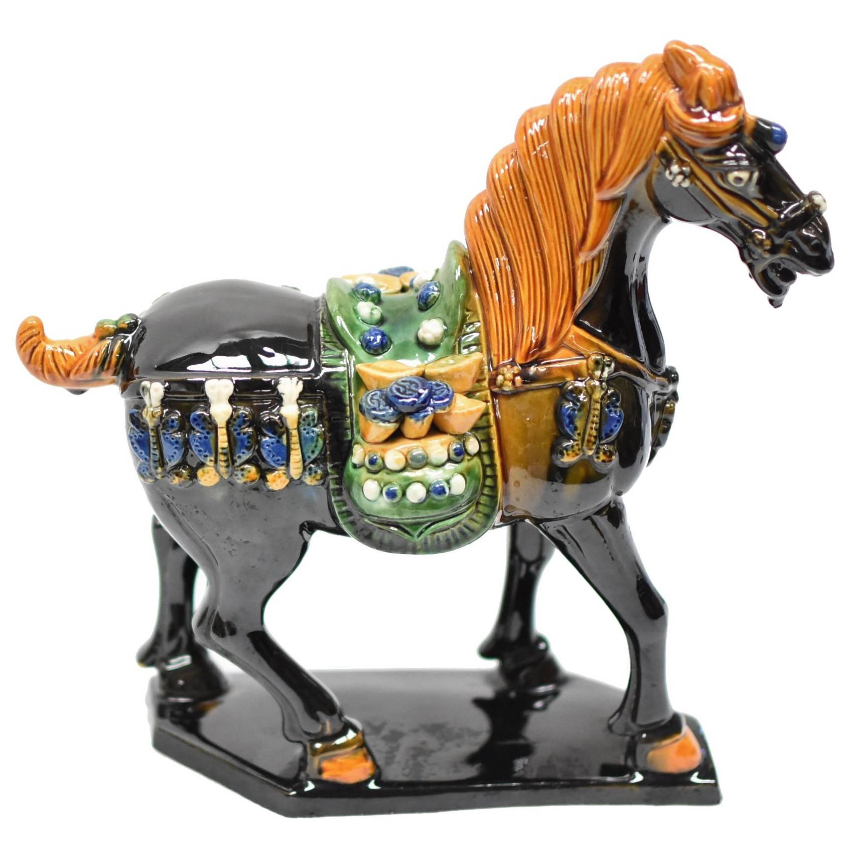 Black Chinese Pottery Horse, with Money Bag