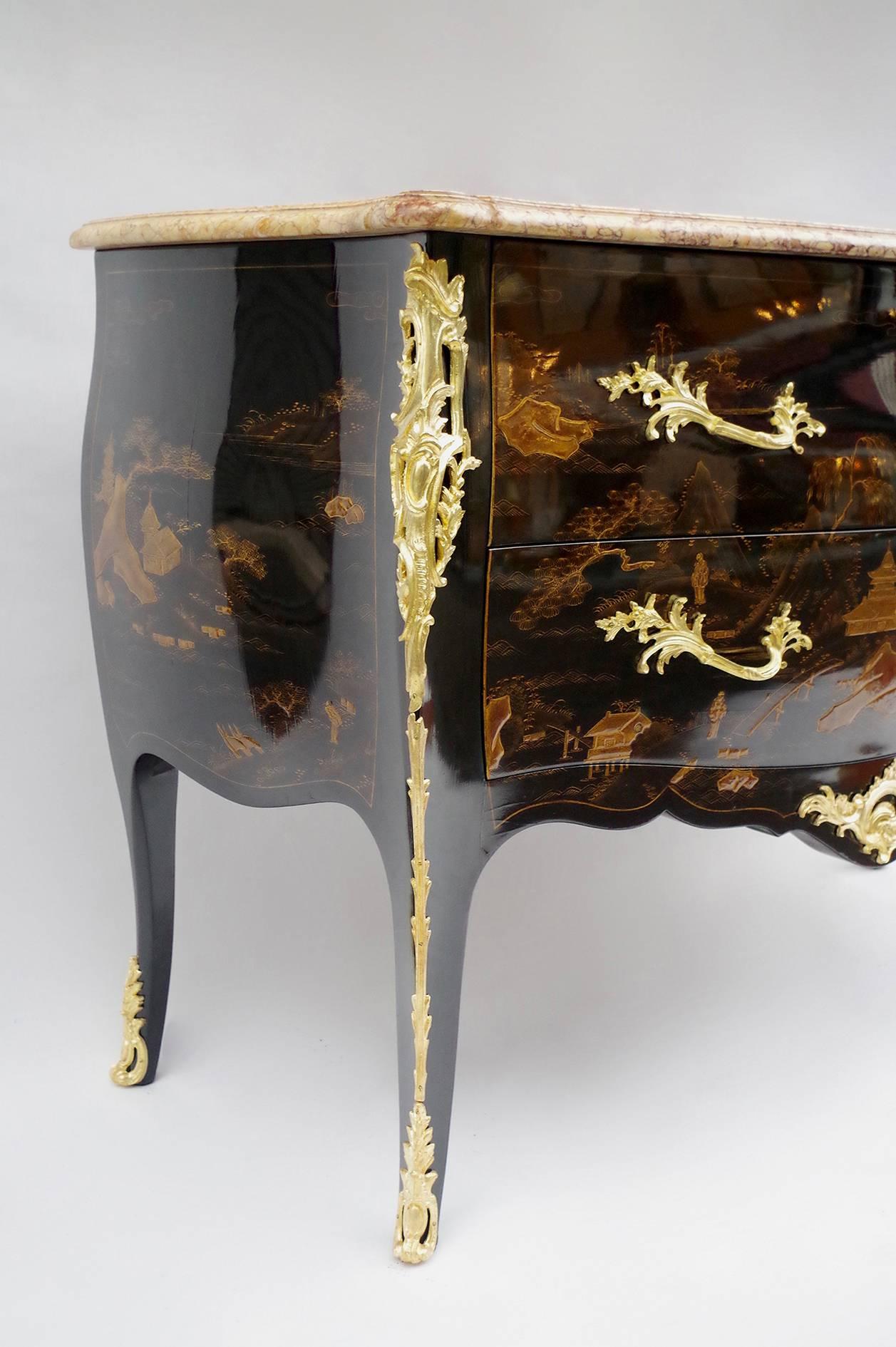 Gilt Black Chinese Style Lacquered Louis XV Style Commode, circa 1950