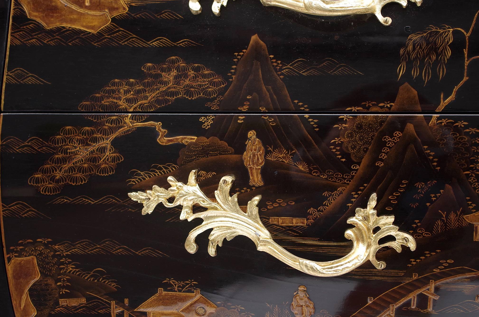 Bronze Black Chinese Style Lacquered Louis XV Style Commode, circa 1950