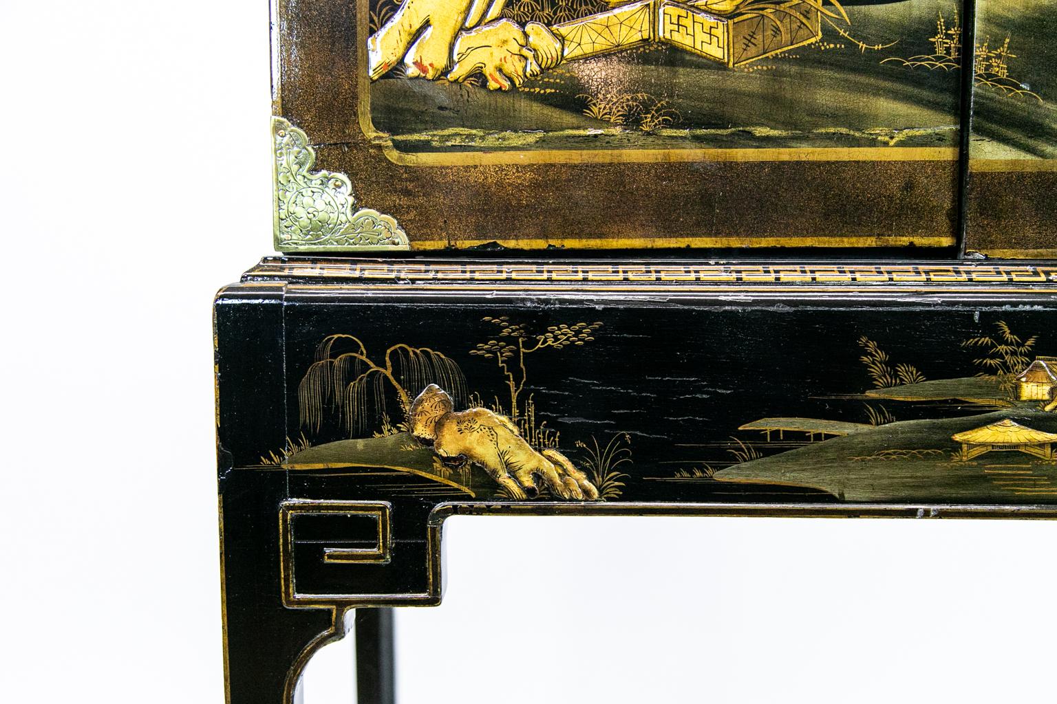 Lacquered Black Chinoiserie Cabinet on Stand