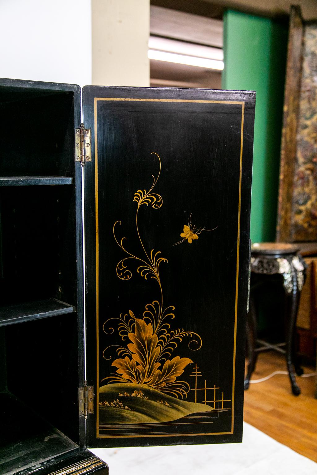Brass Black Chinoiserie Cabinet on Stand