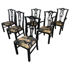 Black Chinoiserie Chippendale Dining Chairs, Set of 6