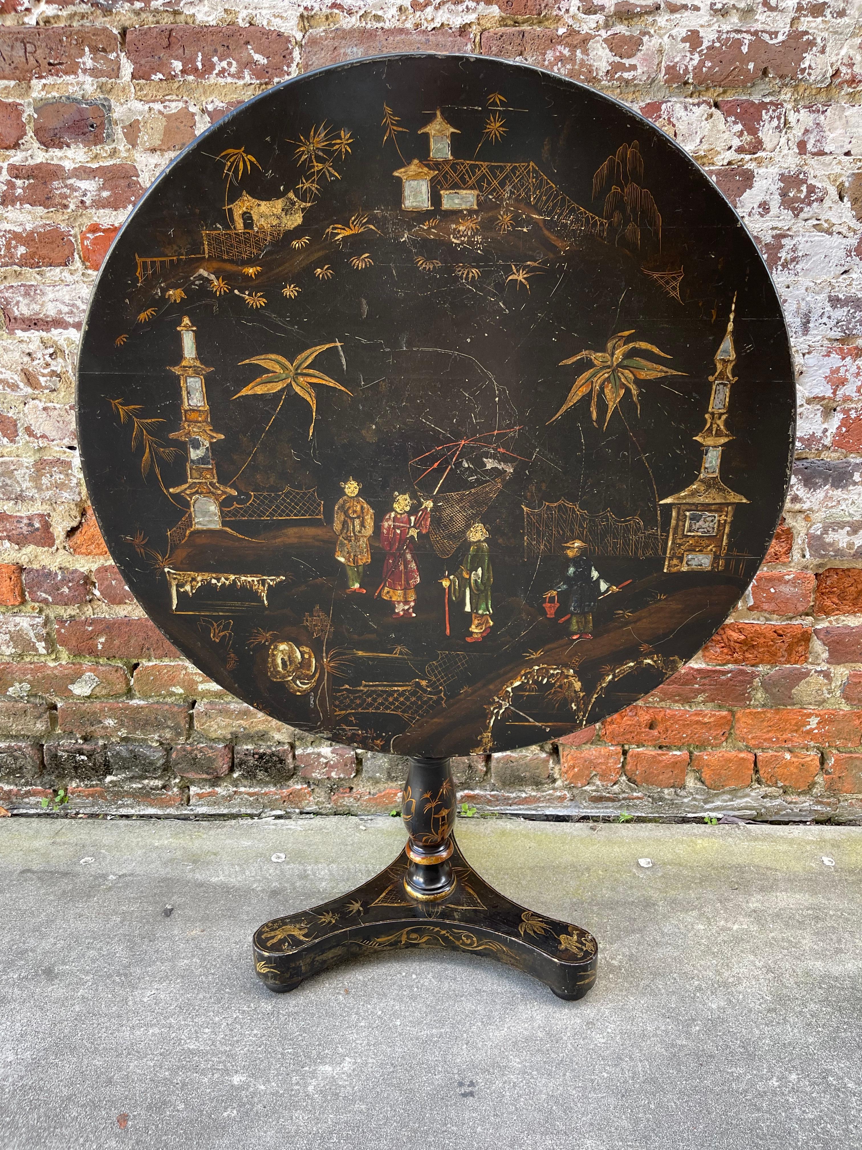 Black Chinoiserie English Tilt Top Table, Mid 19th Century In Good Condition In Charleston, SC