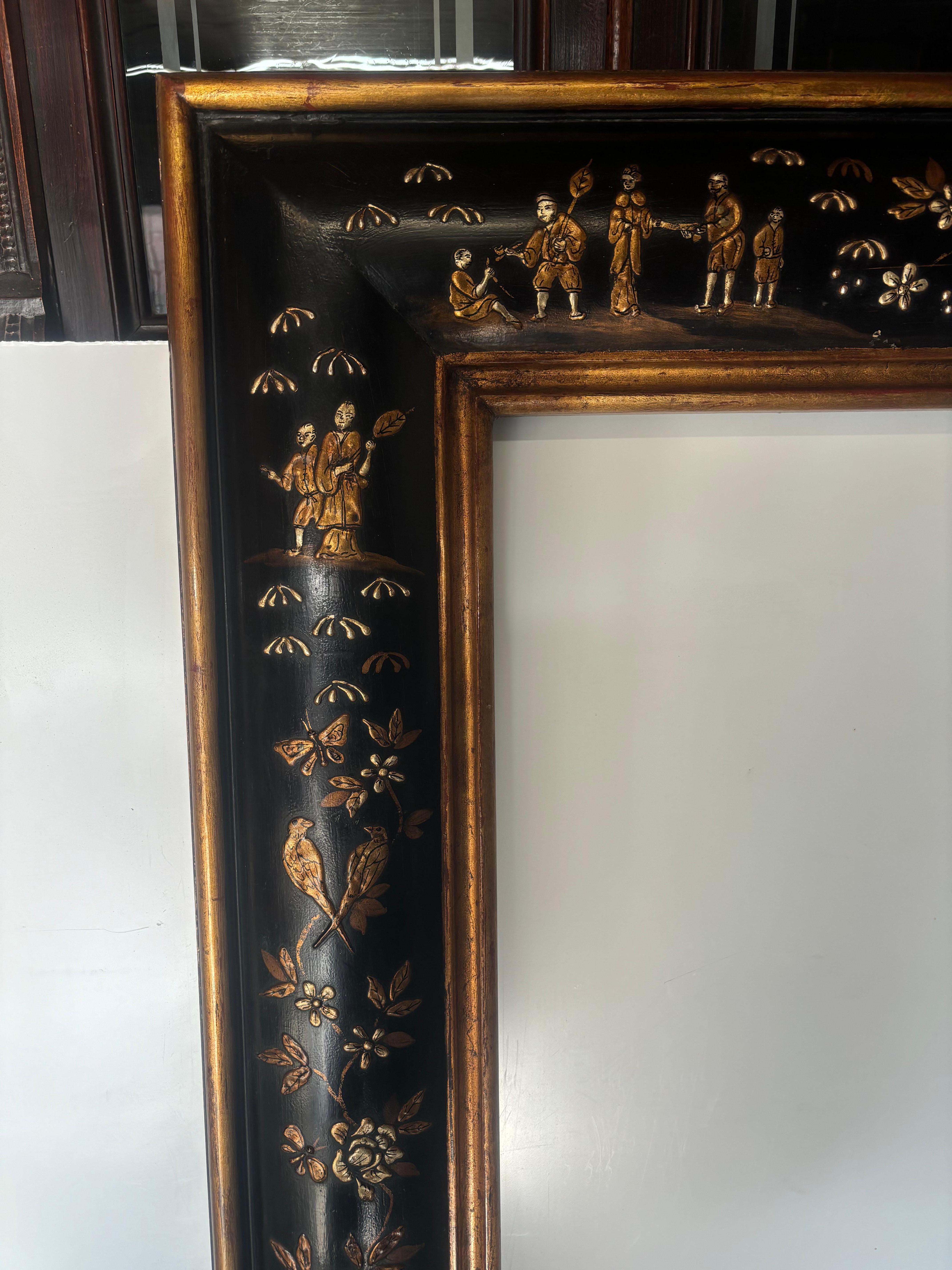 North American Black Chinoiserie Frame, Birds, Tiger, Floral For Sale