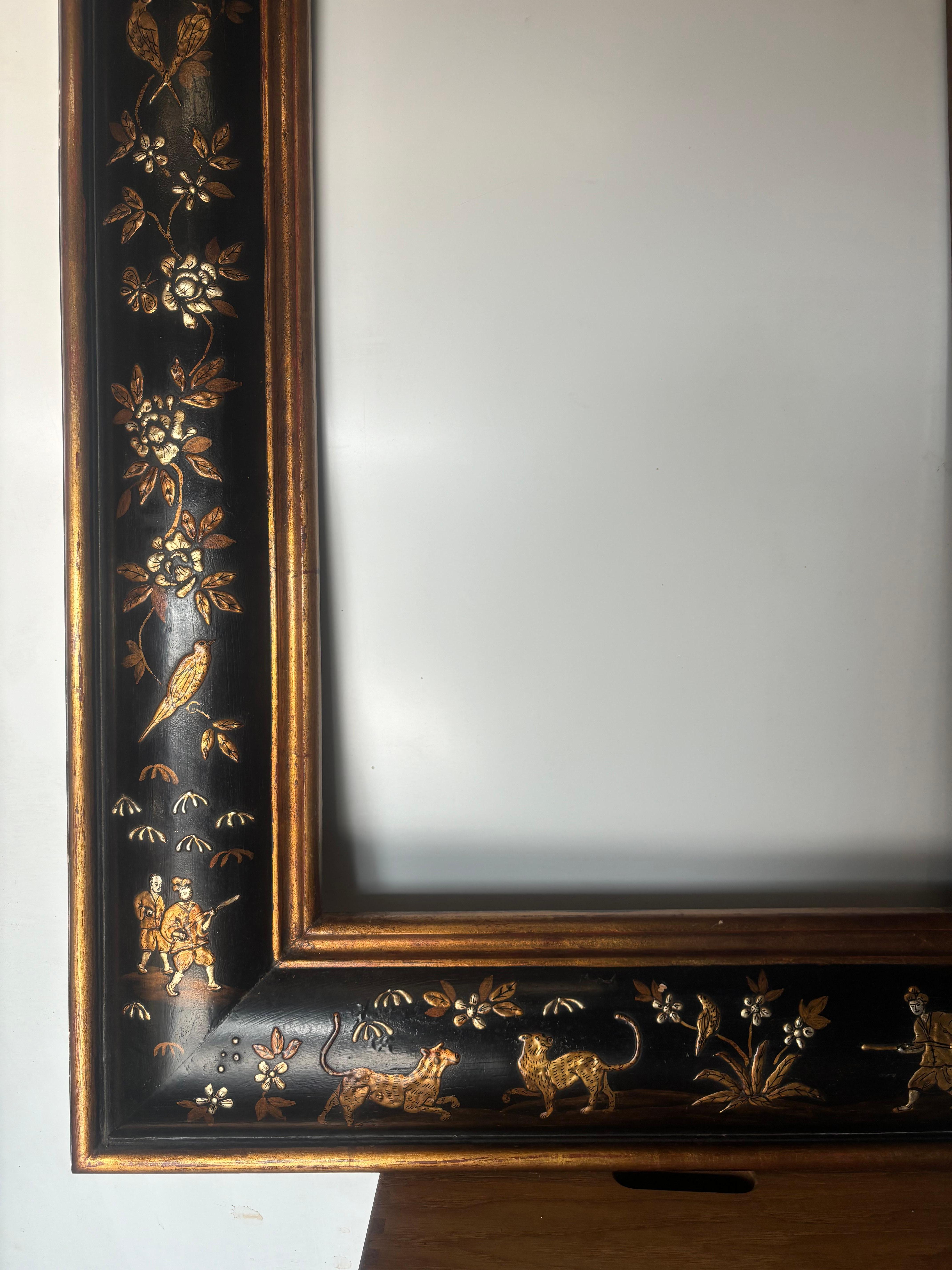 Black Chinoiserie Frame, Birds, Tiger, Floral In Excellent Condition For Sale In Los Angeles, CA