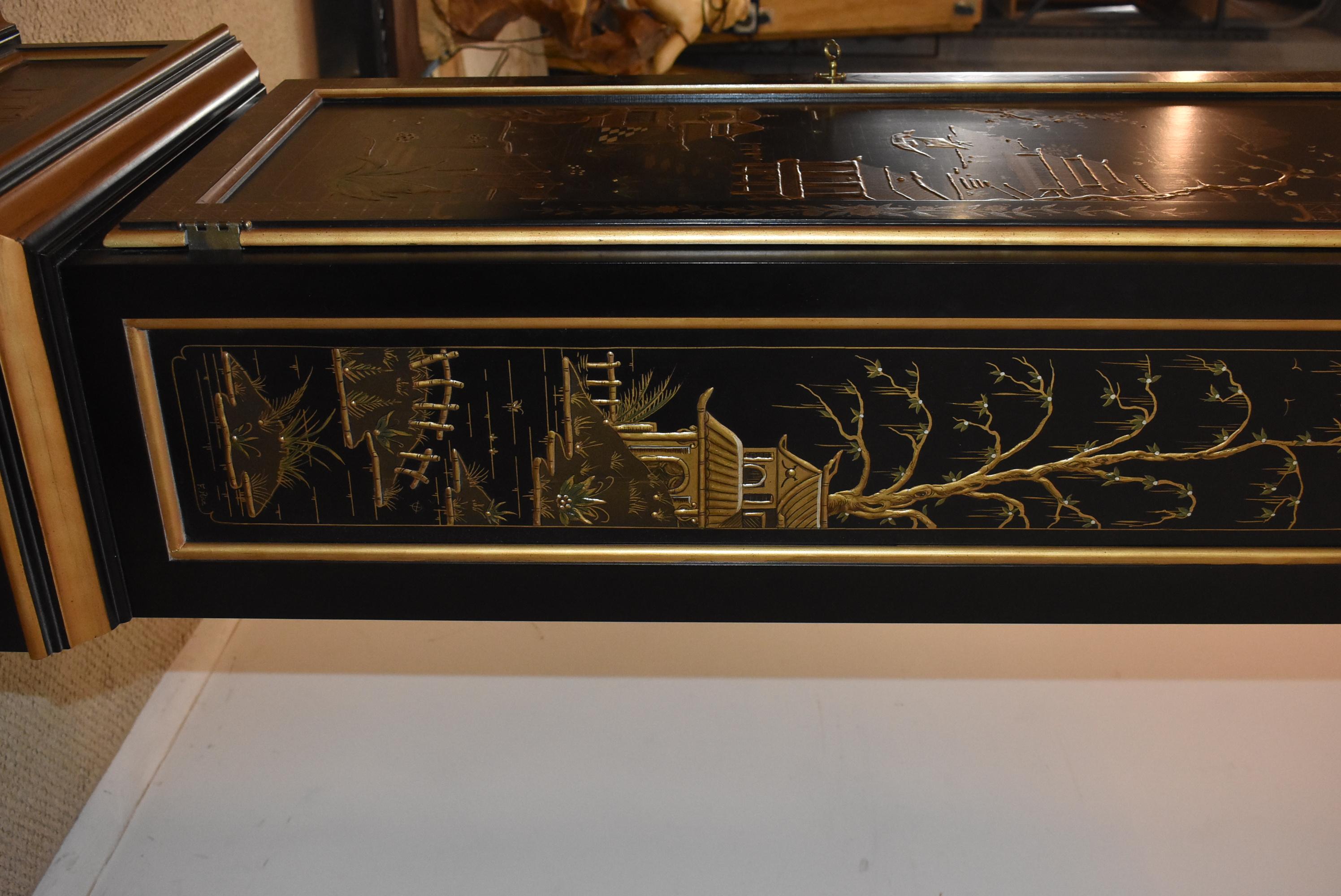Black Chinoiserie Grandfather Clock by Sligh Model # 0996-1-BD In Good Condition In Toledo, OH