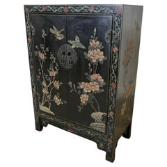 Black Chinoiserie Lacquer Cupboard Decorated with Birds and Flowers