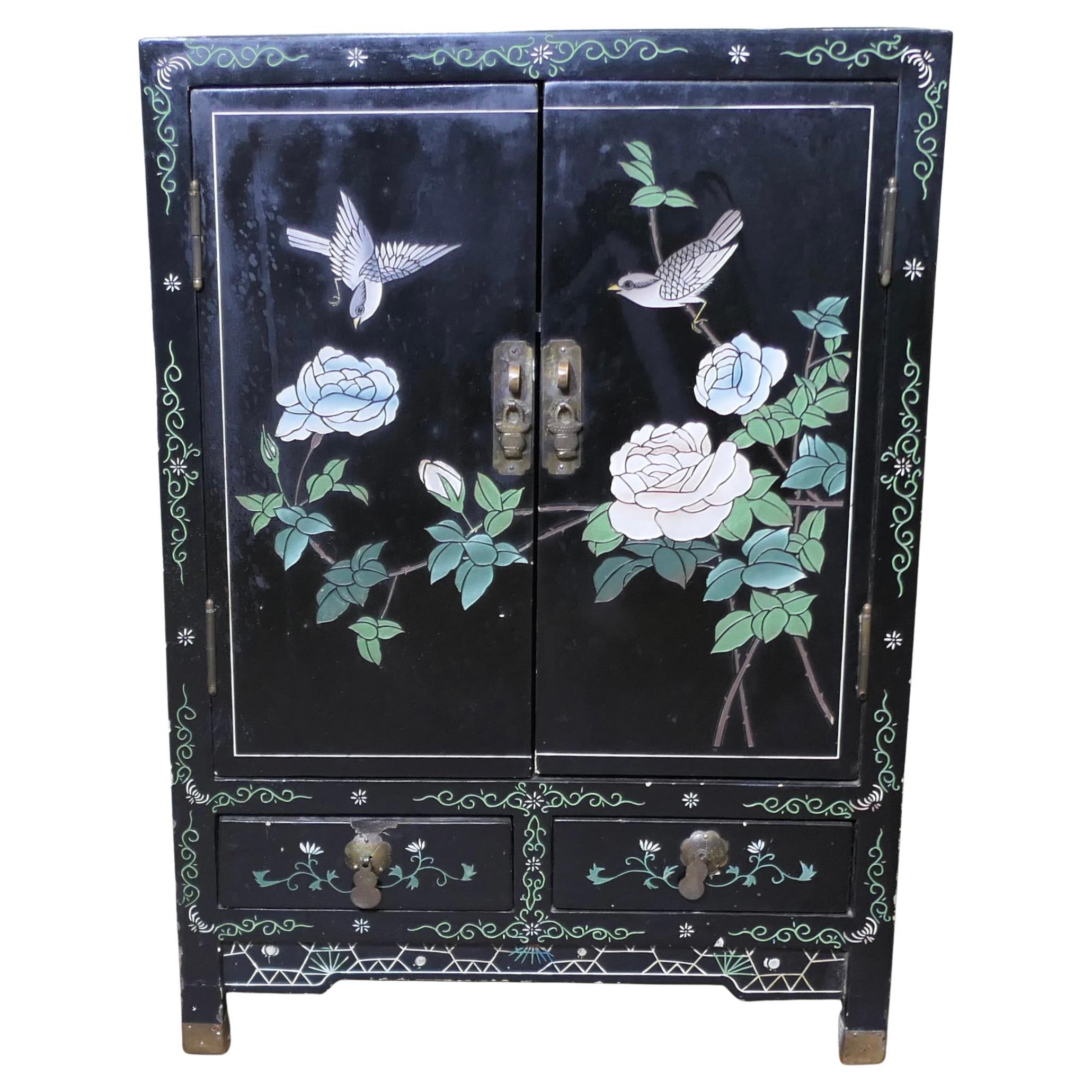 Black Chinoiserie Lacquer Cupboard Decorated with Birds and Flowers