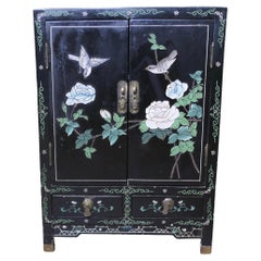 Black Chinoiserie Lacquer Cupboard Decorated with Birds and Flowers