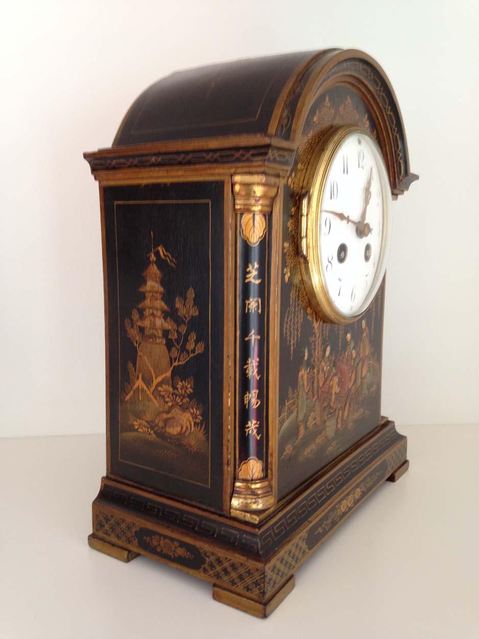 British Black Chinoiserie Georgian Style Chiming English Mantel Clock, circa 1900 For Sale