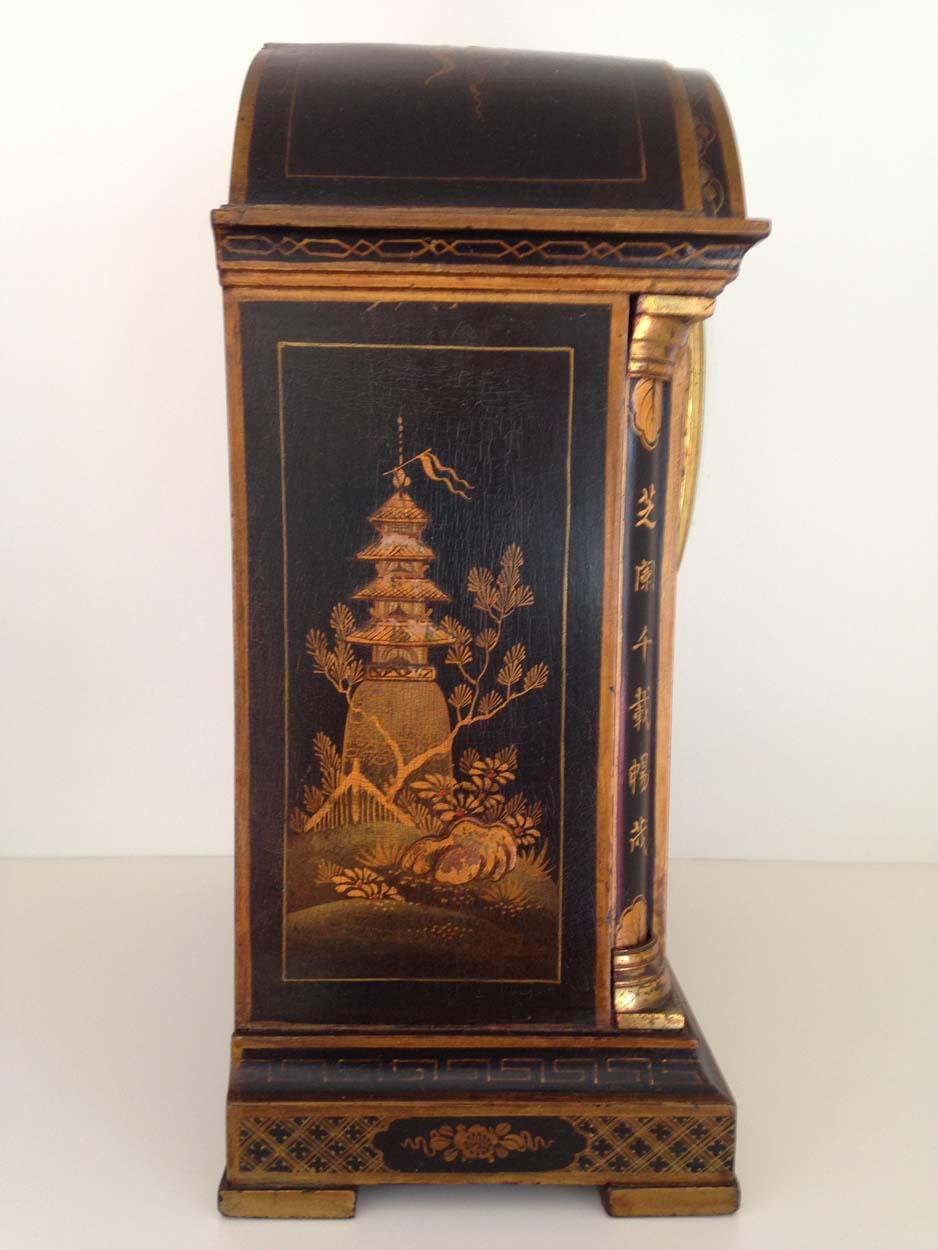 Japanned Black Chinoiserie Georgian Style Chiming English Mantel Clock, circa 1900 For Sale