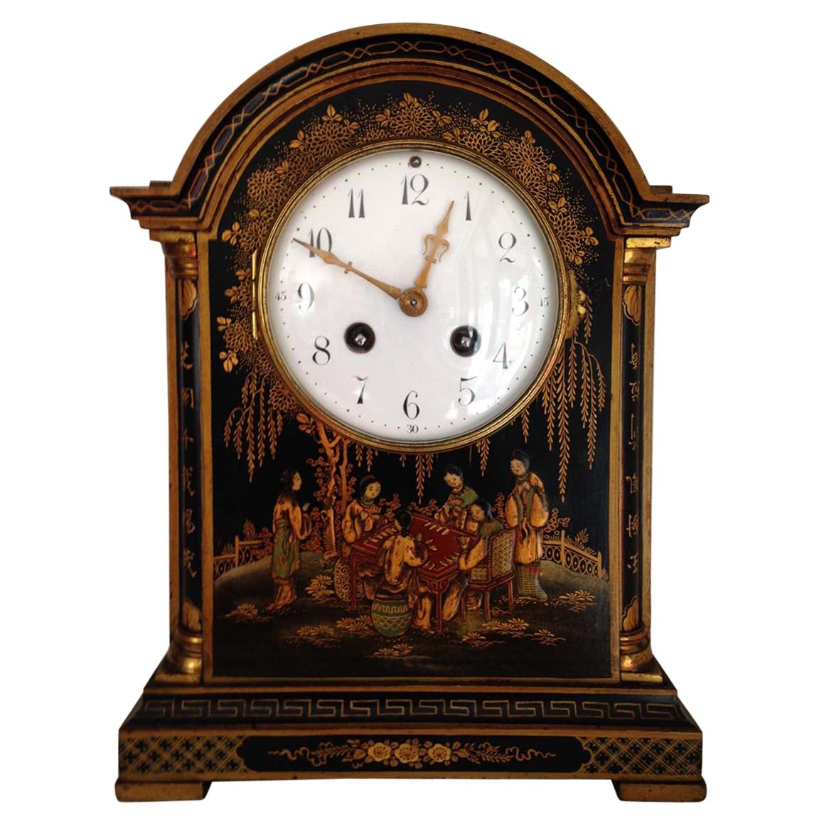 Black Chinoiserie Mantel Clock French Japy Freres Movement, Circa 1900