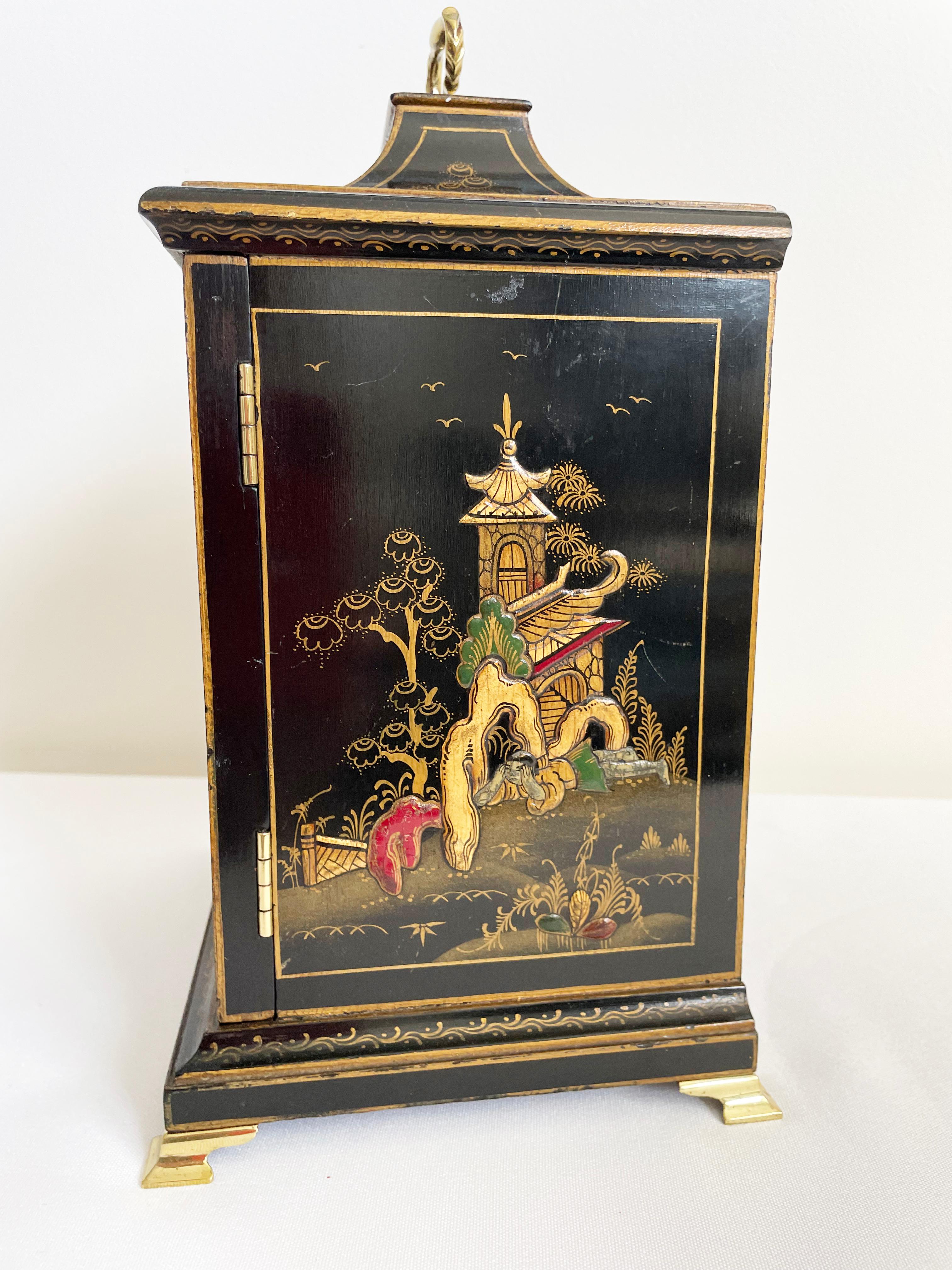 British Black Chinoiserie Mantel Clock In Georgian Style, French Movement, Circa 1930 For Sale