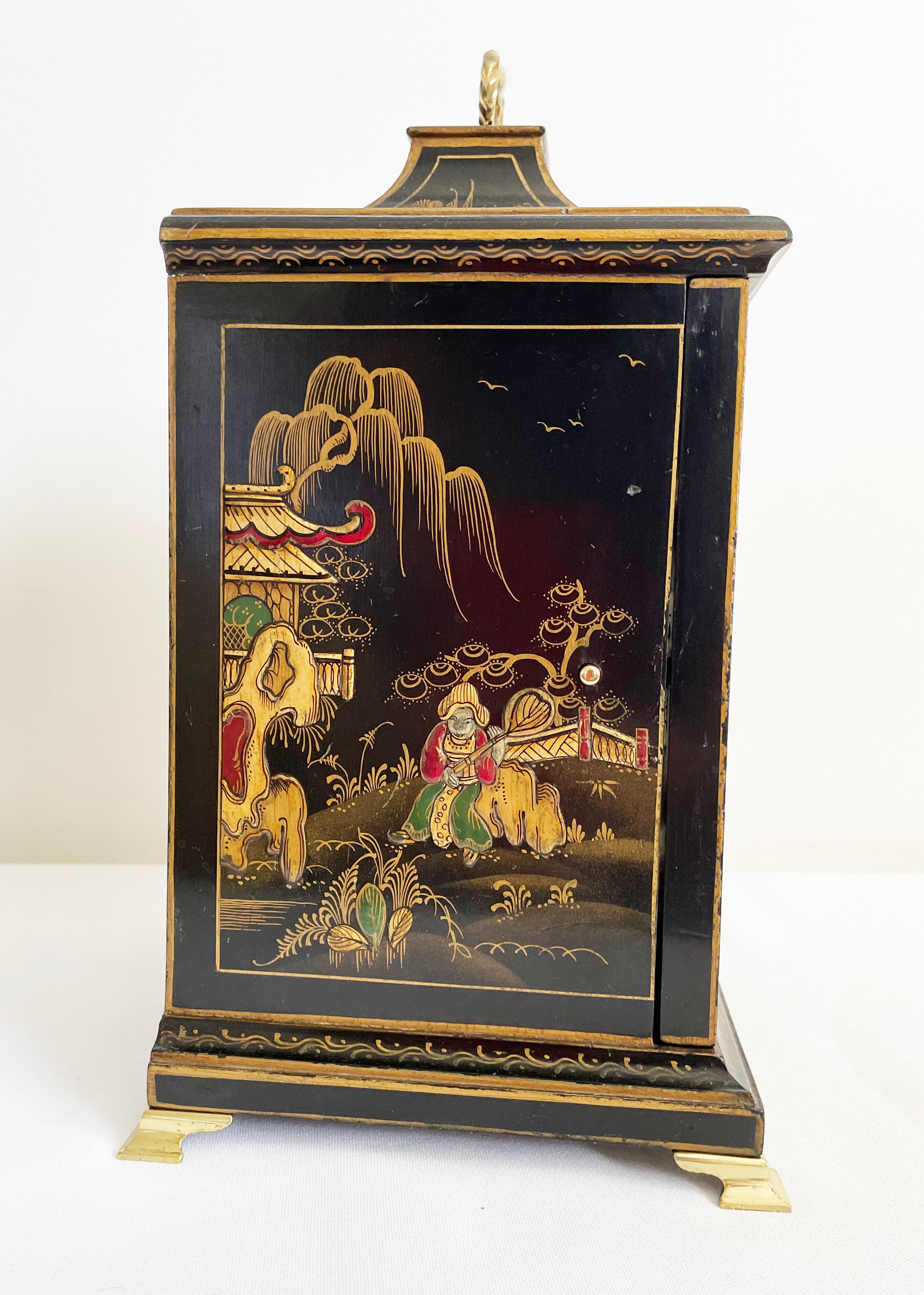 Painted Black Chinoiserie Mantel Clock In Georgian Style, French Movement, Circa 1930 For Sale