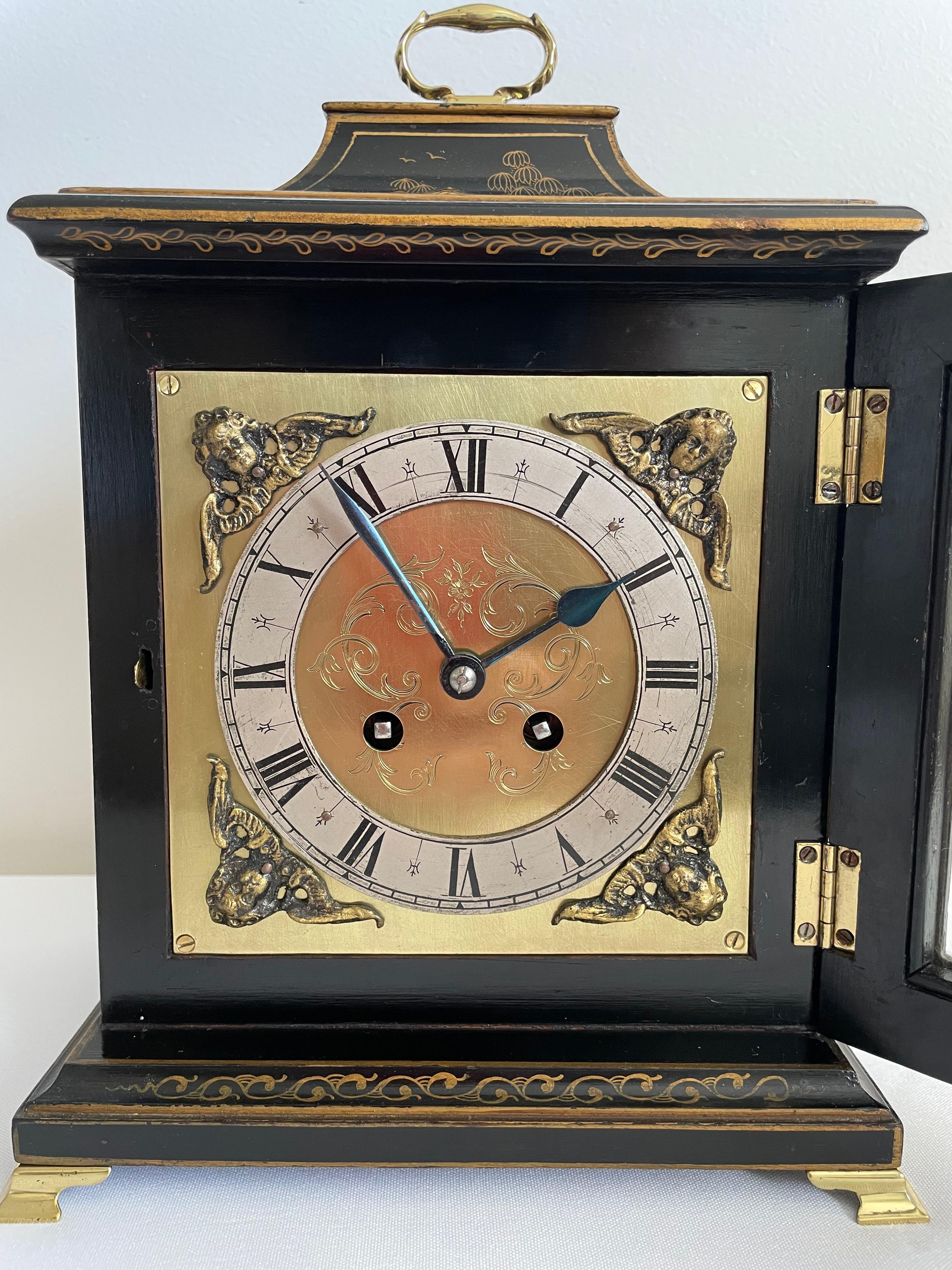 Black Chinoiserie Mantel Clock In Georgian Style, French Movement, Circa 1930 In Good Condition For Sale In Melbourne, Victoria