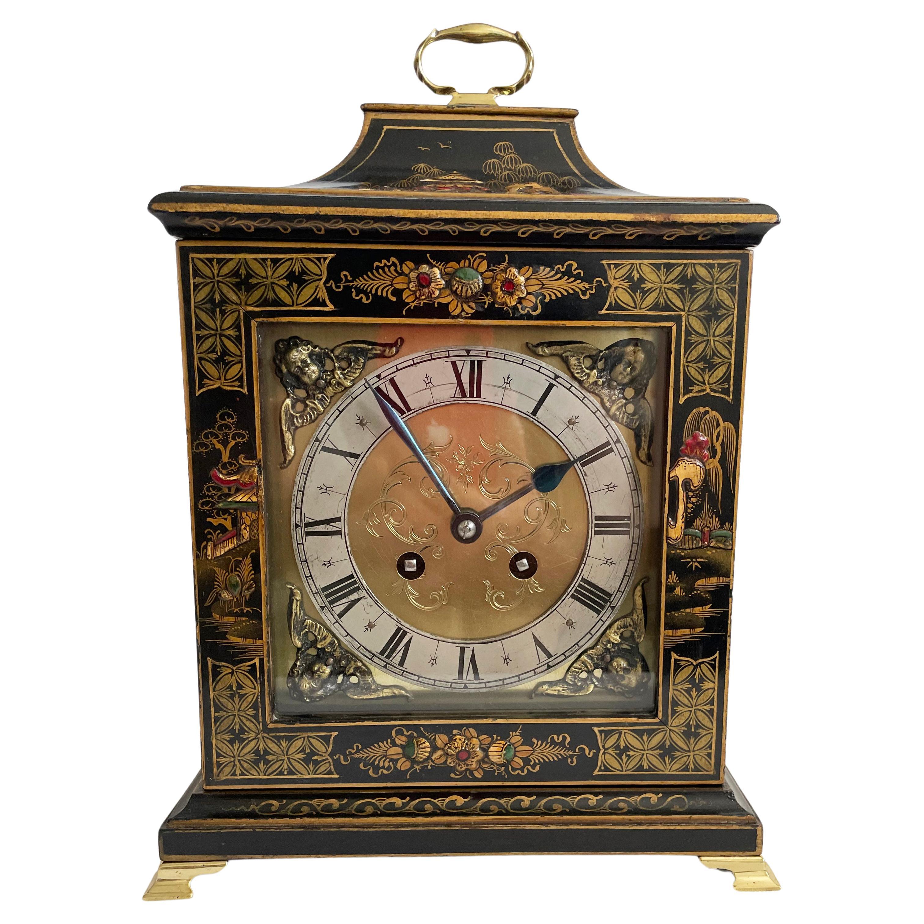 Black Chinoiserie Mantel Clock In Georgian Style, French Movement, Circa 1930 For Sale